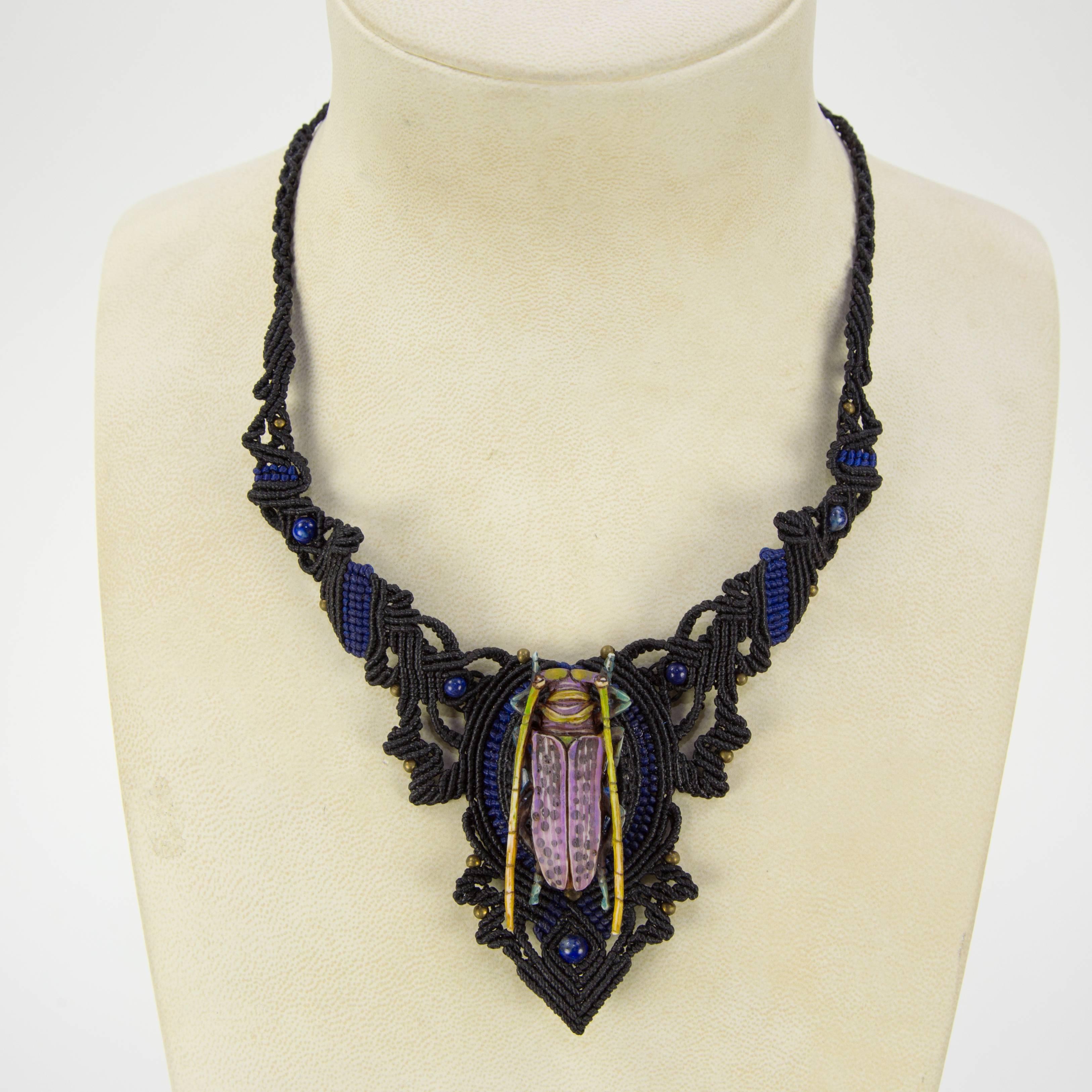 Contemporary Carved Beetle set on Intricately Hand Knotted Neckpiece Statement Necklace For Sale