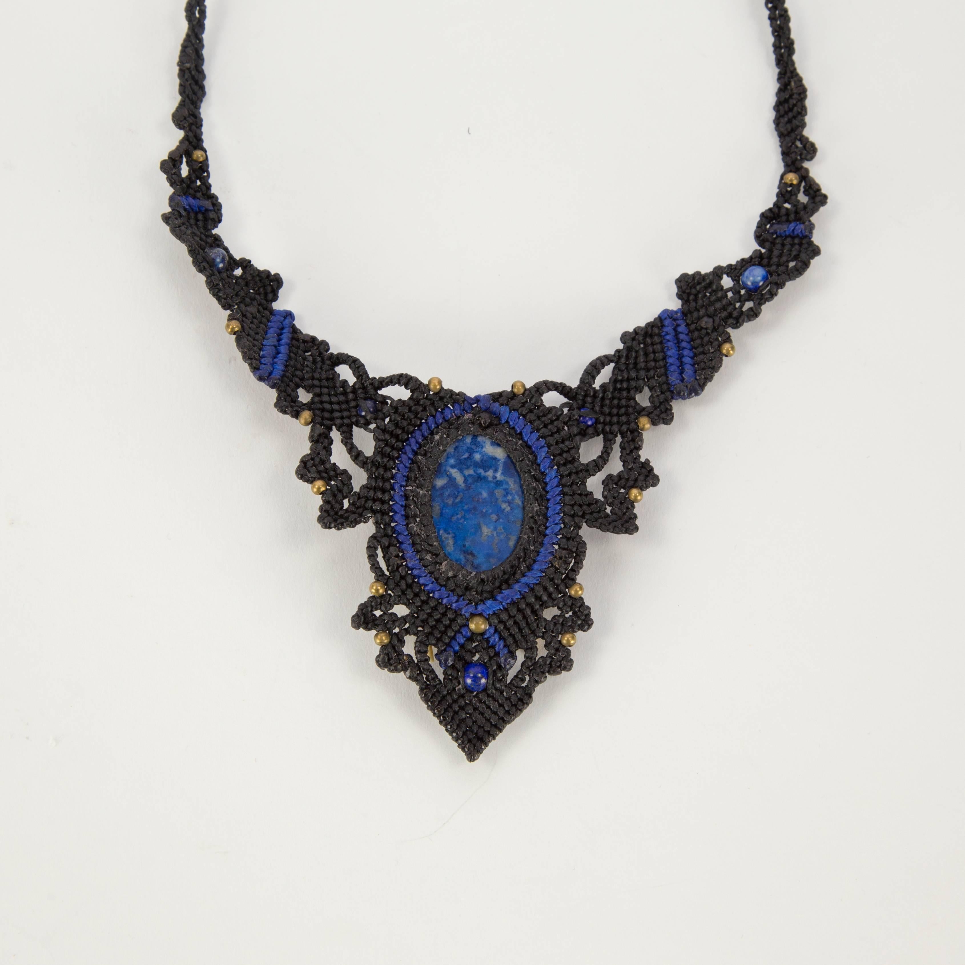 Carved Beetle set on Intricately Hand Knotted Neckpiece Statement Necklace In New Condition For Sale In Montreal, QC