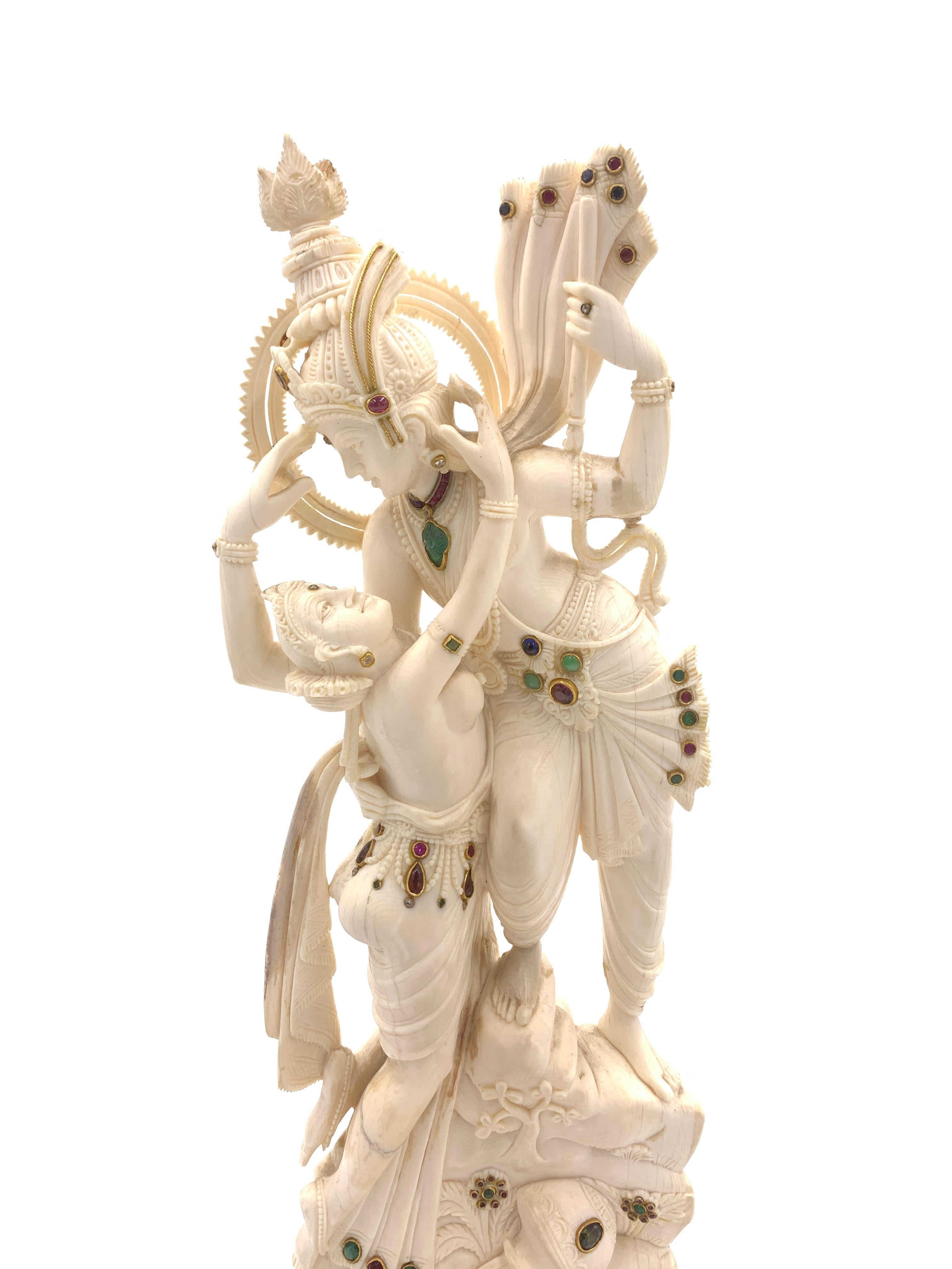 19th Century Carved Bejewelled Indian Ivory Statue of Embracing Lovers