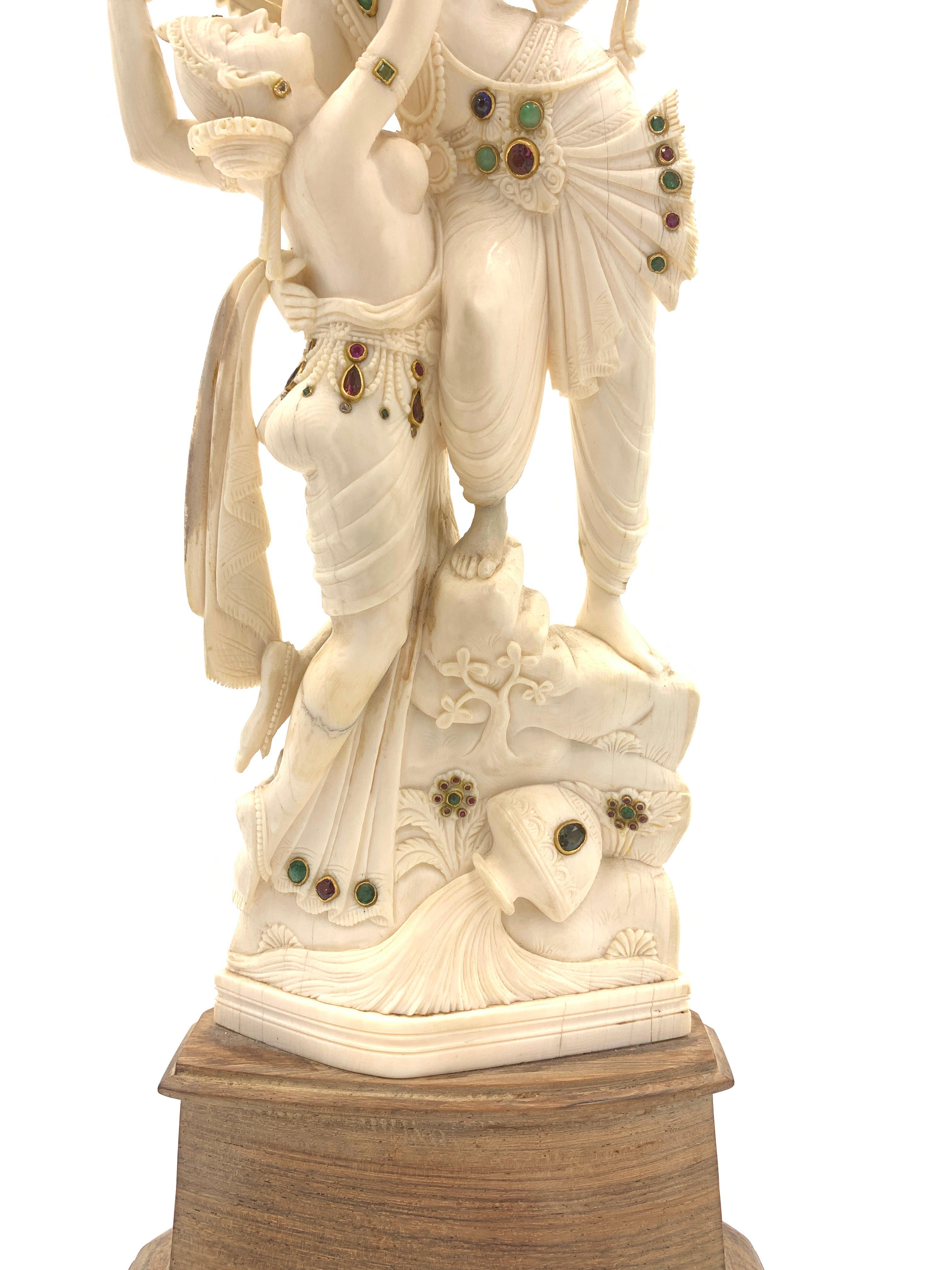 Carved Bejewelled Indian Ivory Statue of Embracing Lovers 1