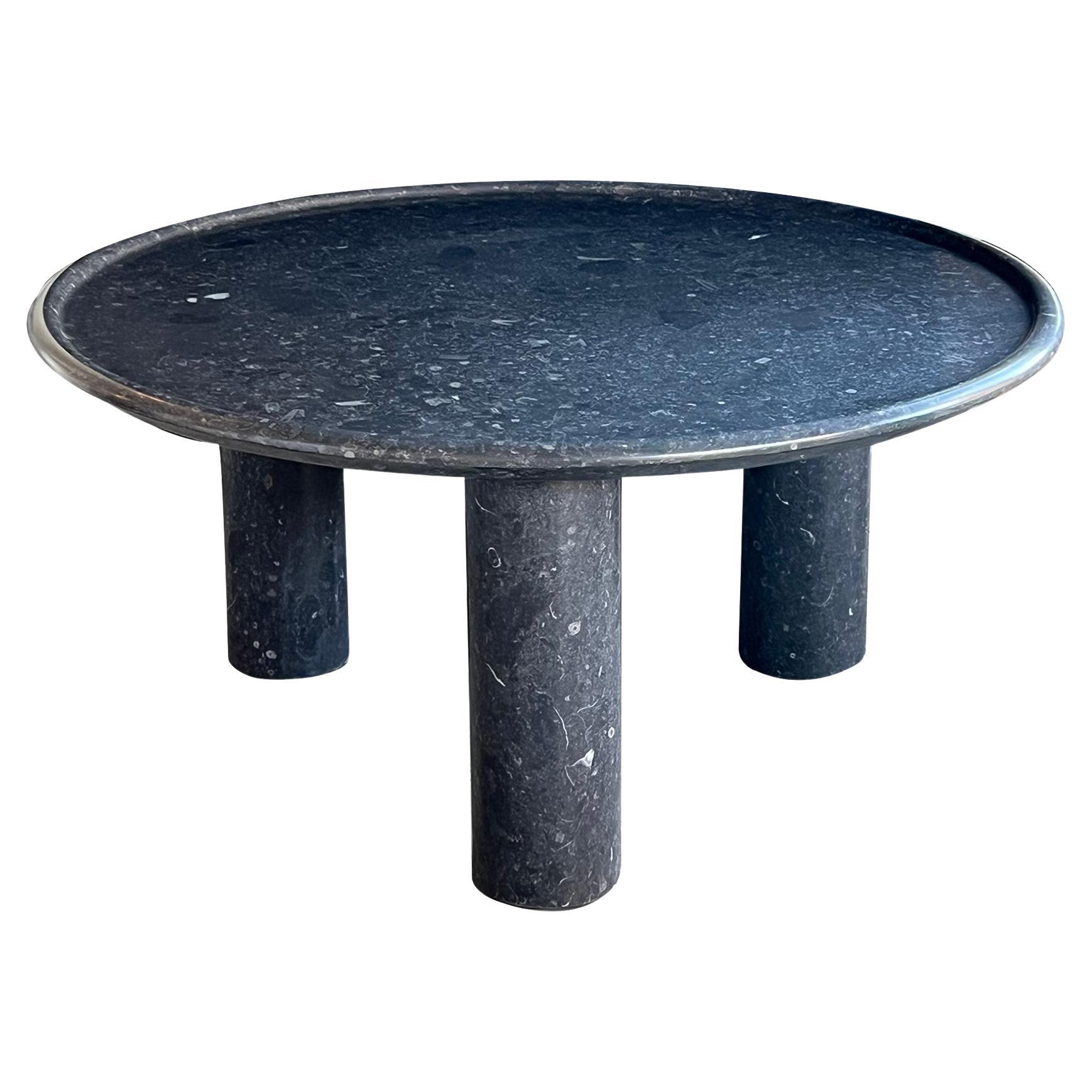 Carved Belgian Bluestone Round Tripod Coffee Table with Dish Top - Customizable For Sale