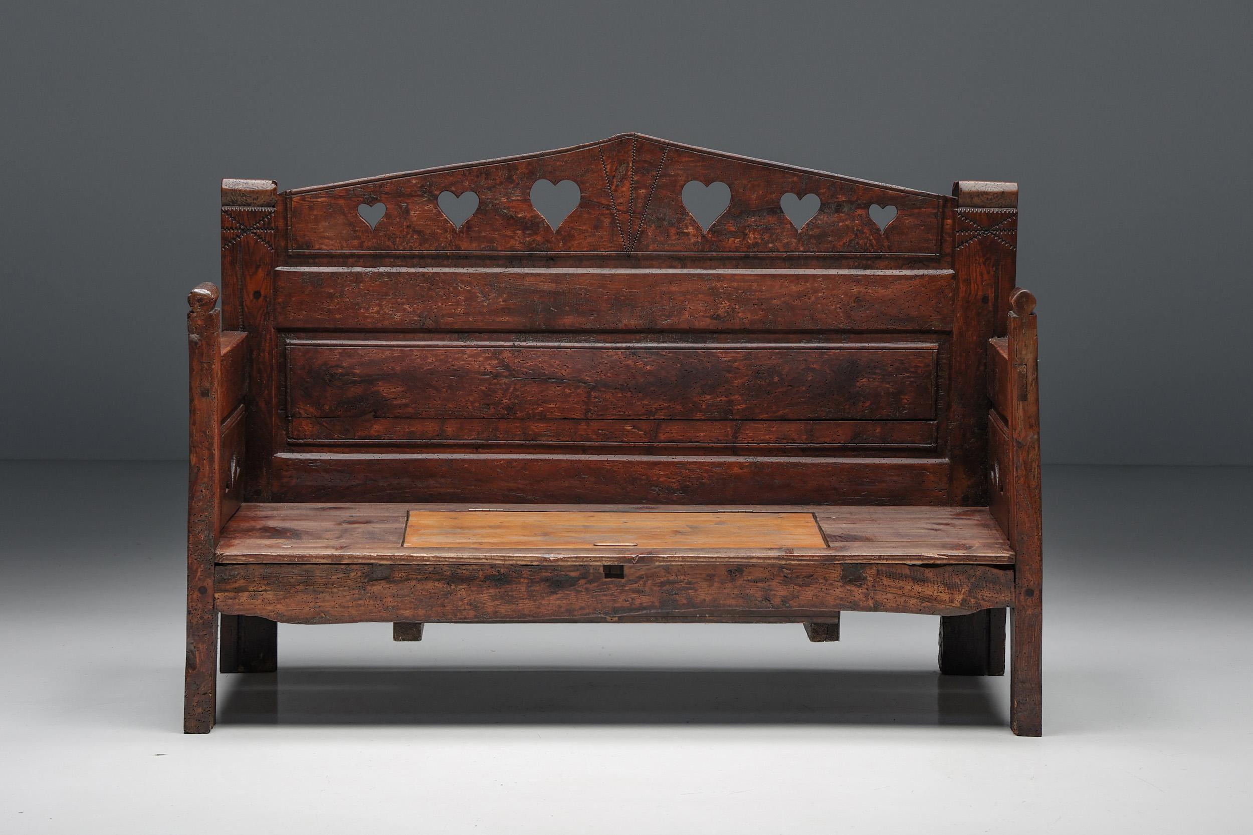 Rustic Carved Bench in Solid Wood with Storing Space, France, 19th Century For Sale
