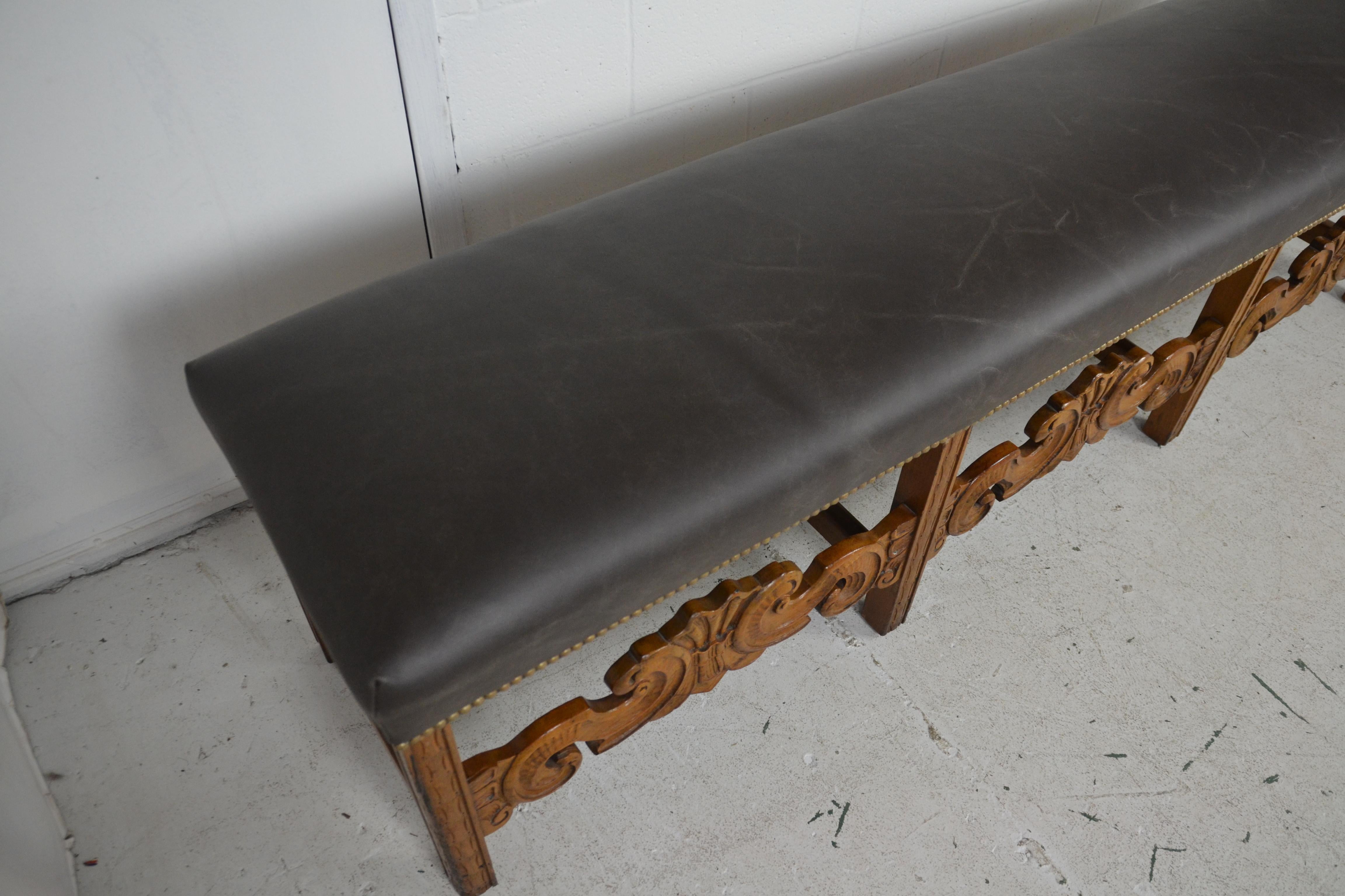 Wood Carved Bench with Leather