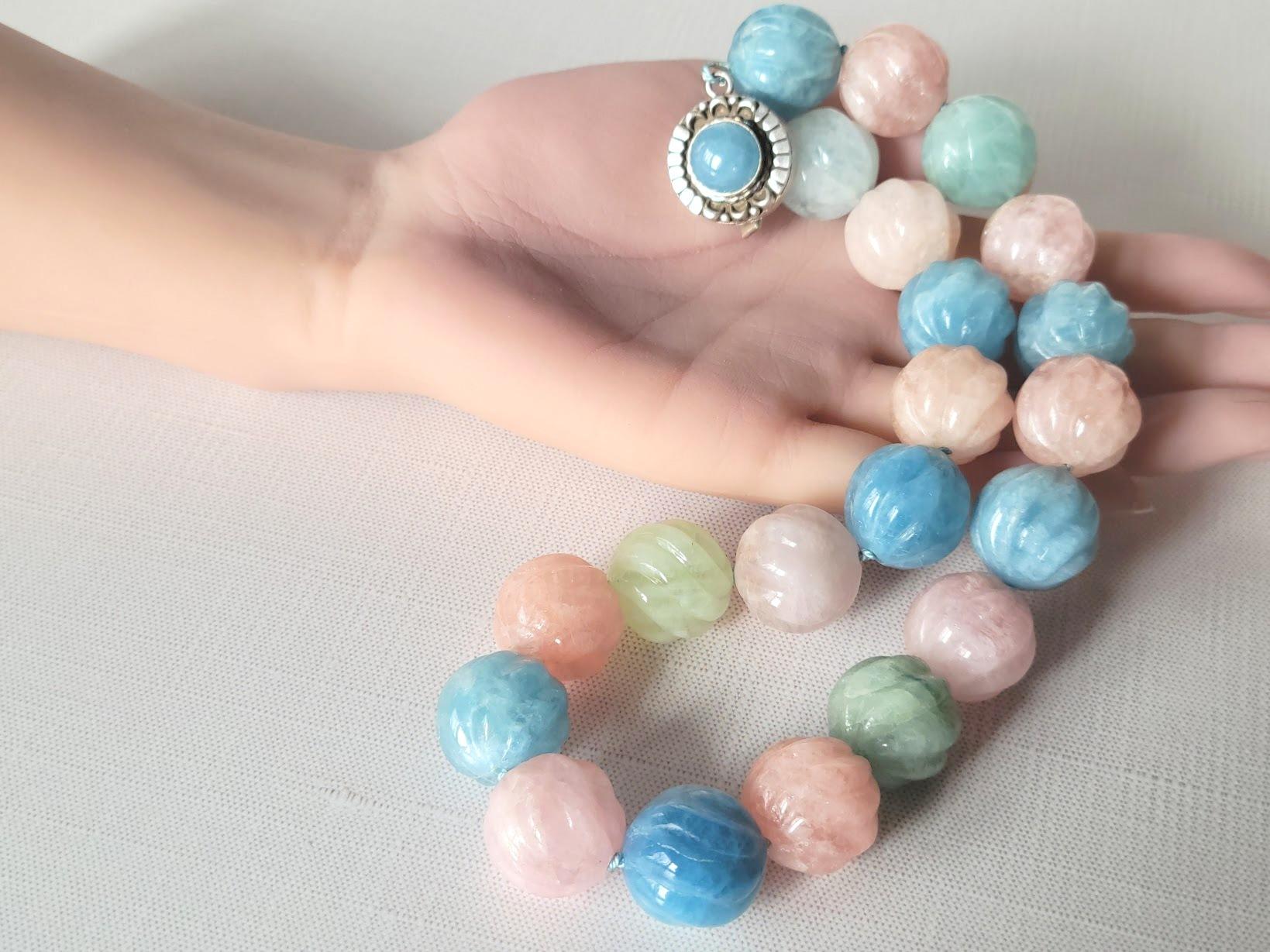 Carved Beryl Aquamarine Morganite Necklace For Sale 5