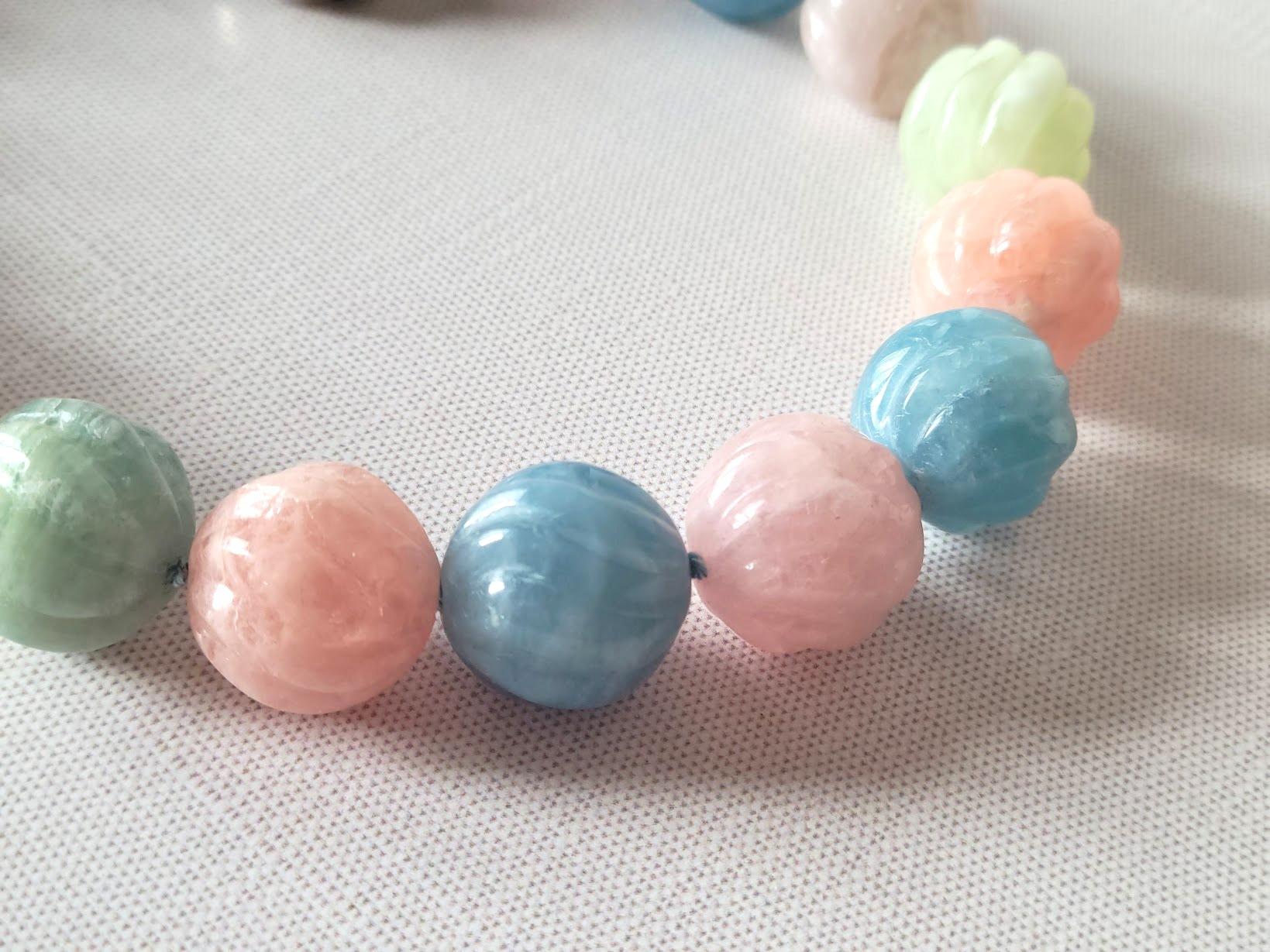 Bead Carved Beryl Aquamarine Morganite Necklace For Sale