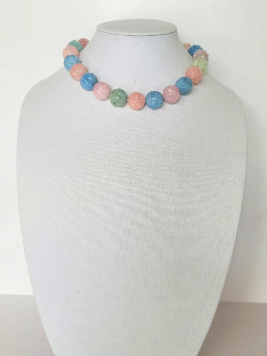 Women's Carved Beryl Aquamarine Morganite Necklace For Sale