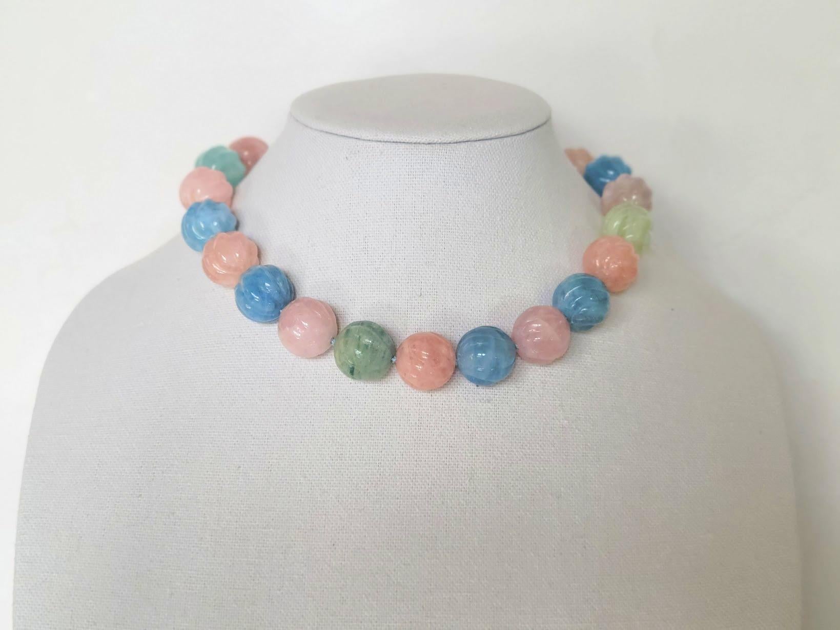 Carved Beryl Aquamarine Morganite Necklace For Sale 1