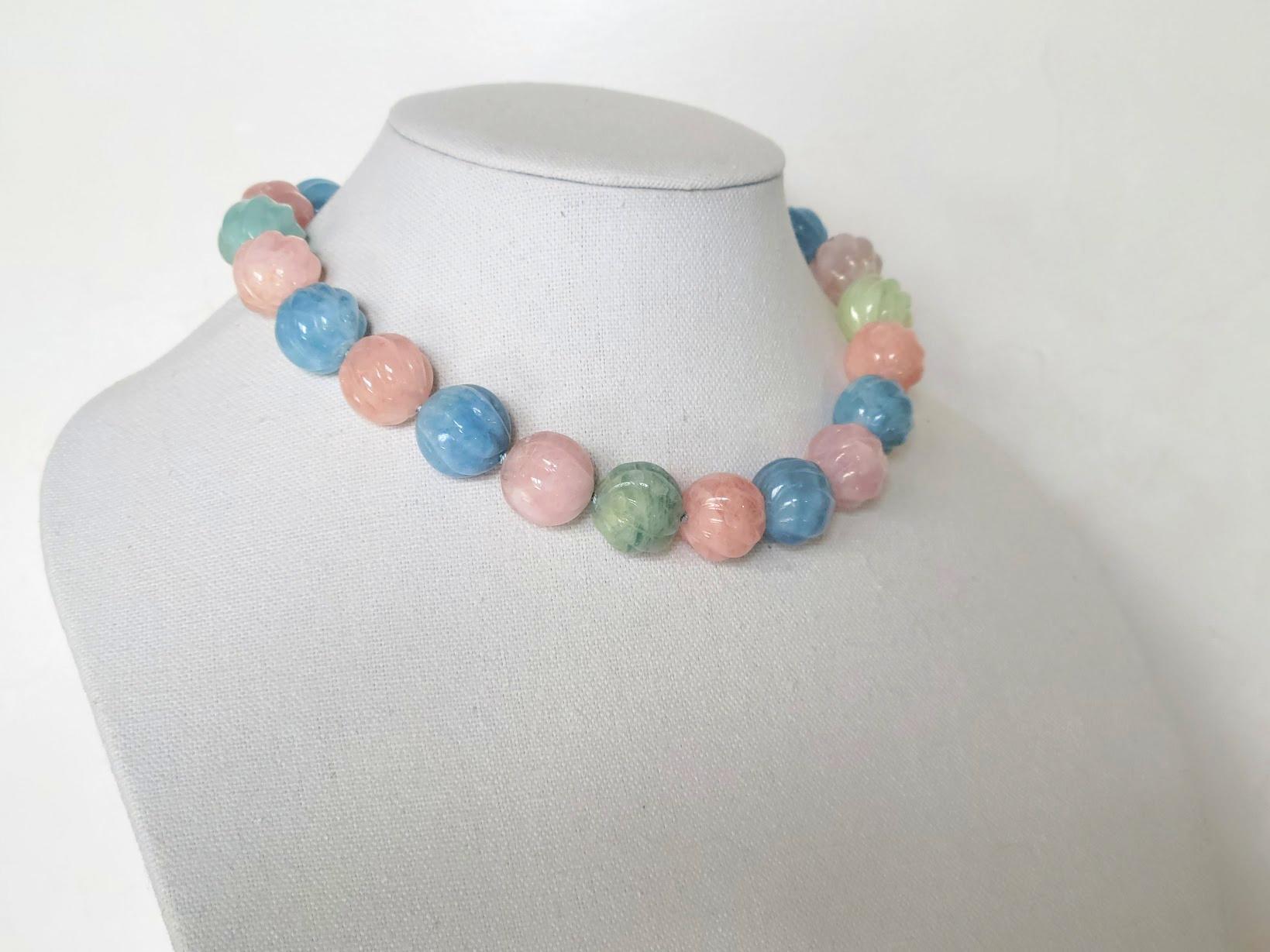 Carved Beryl Aquamarine Morganite Necklace For Sale 2