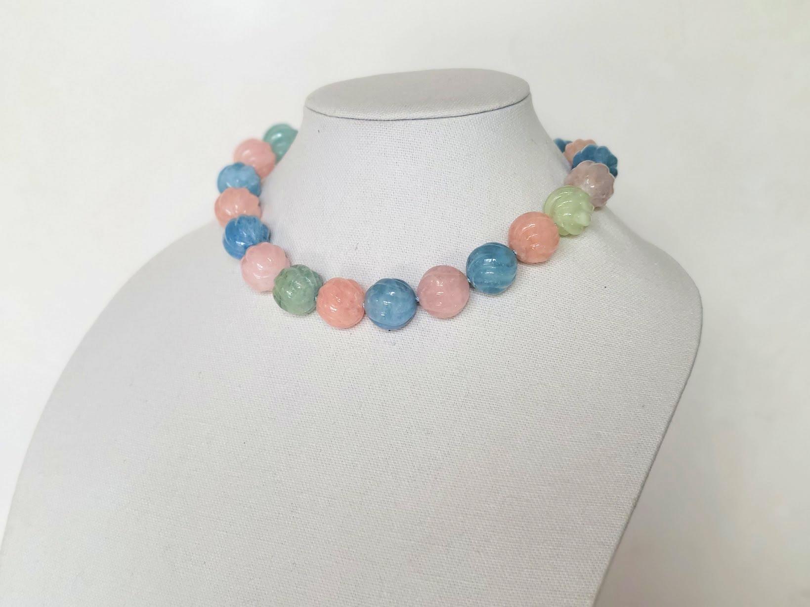 Carved Beryl Aquamarine Morganite Necklace For Sale 3