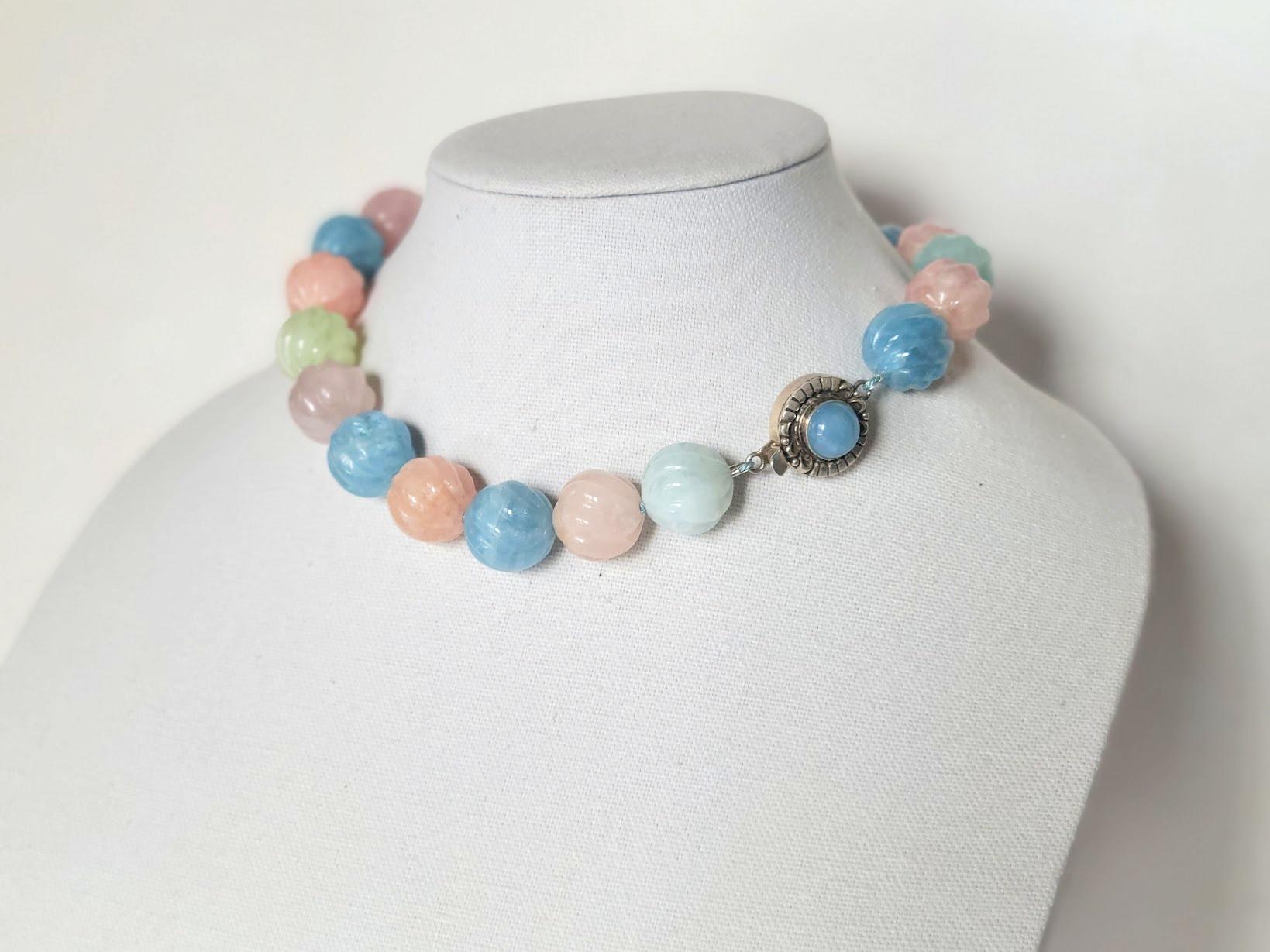 Carved Beryl Aquamarine Morganite Necklace For Sale 4
