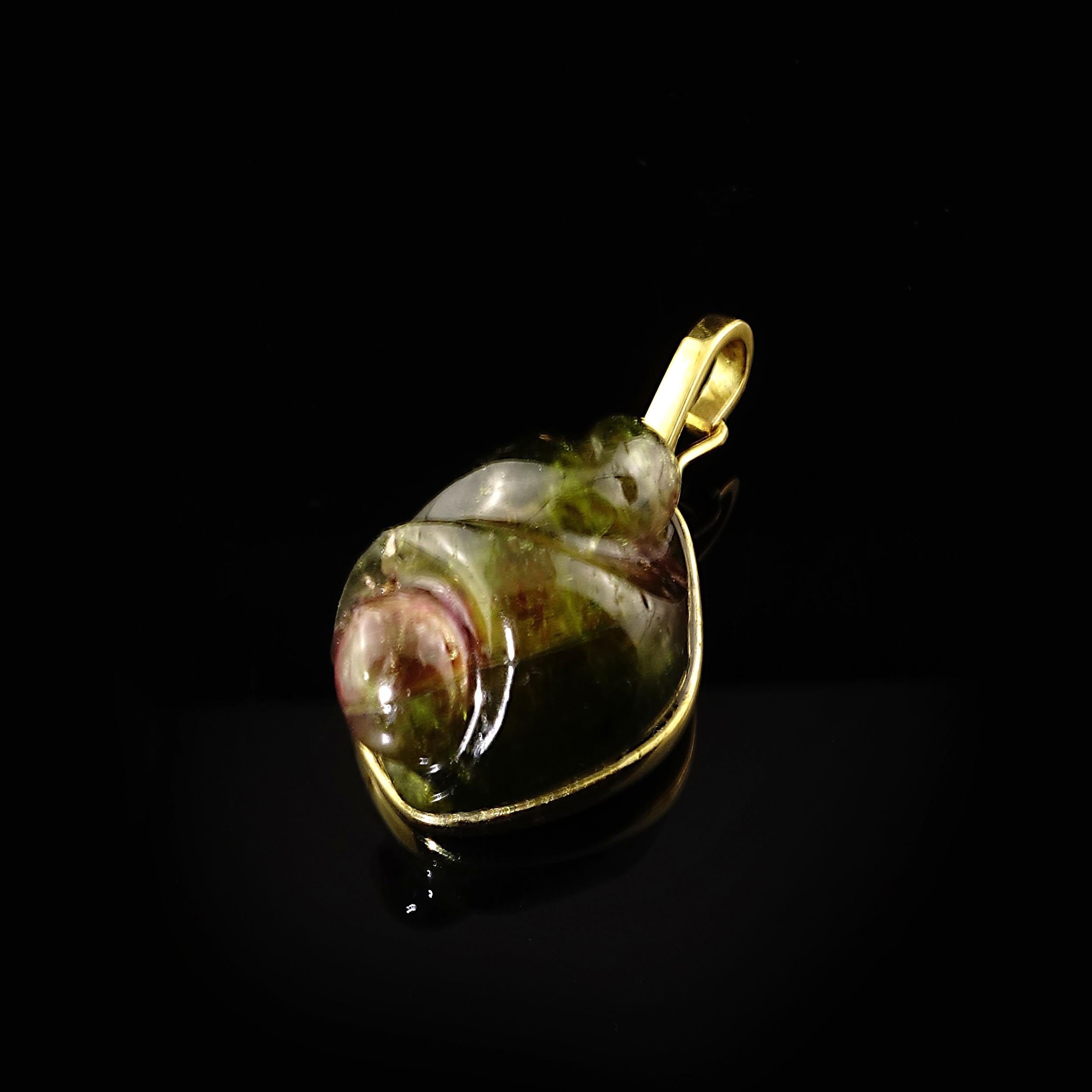 Unique pendant of highly polished green and pink Tourmaline carved in free form shape. The one of a kind tourmaline is set in a gold bezel and has a gold hinged bail that will fit over all your chains as well as beaded and pearl necklaces.  The