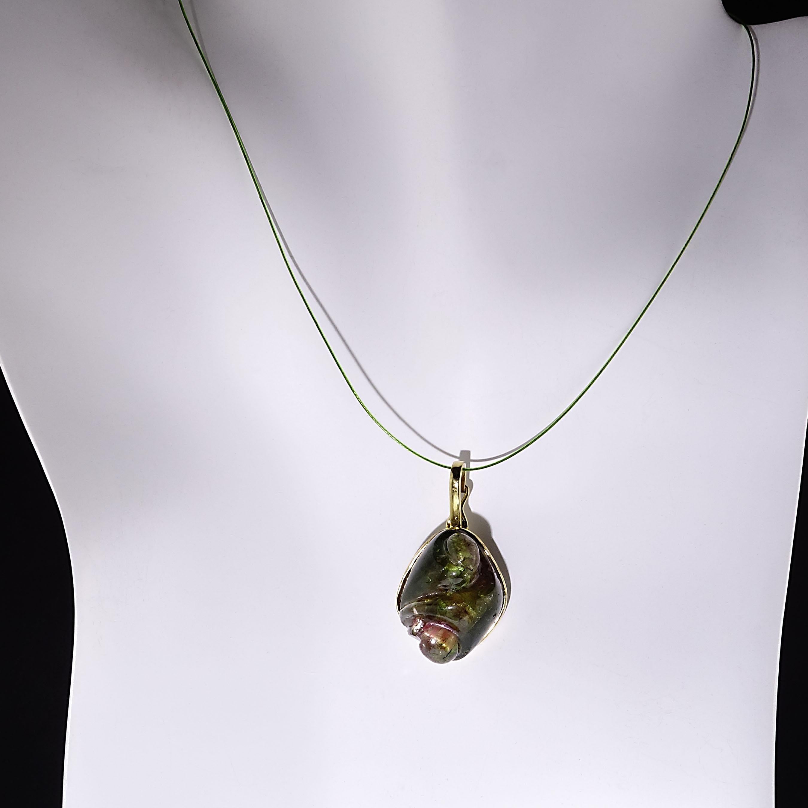 Artisan Gemjunky Carved Bi-Color Tourmaline Pendant with Gold Bezel and Hinged Bail