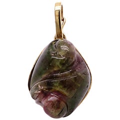 Gemjunky Carved Bi-Color Tourmaline Pendant with Gold Bezel and Hinged Bail