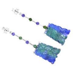 Carved Bicolor Tanzanite Green Tourmaline Iolite Diamond Drop Earring 14K Gold