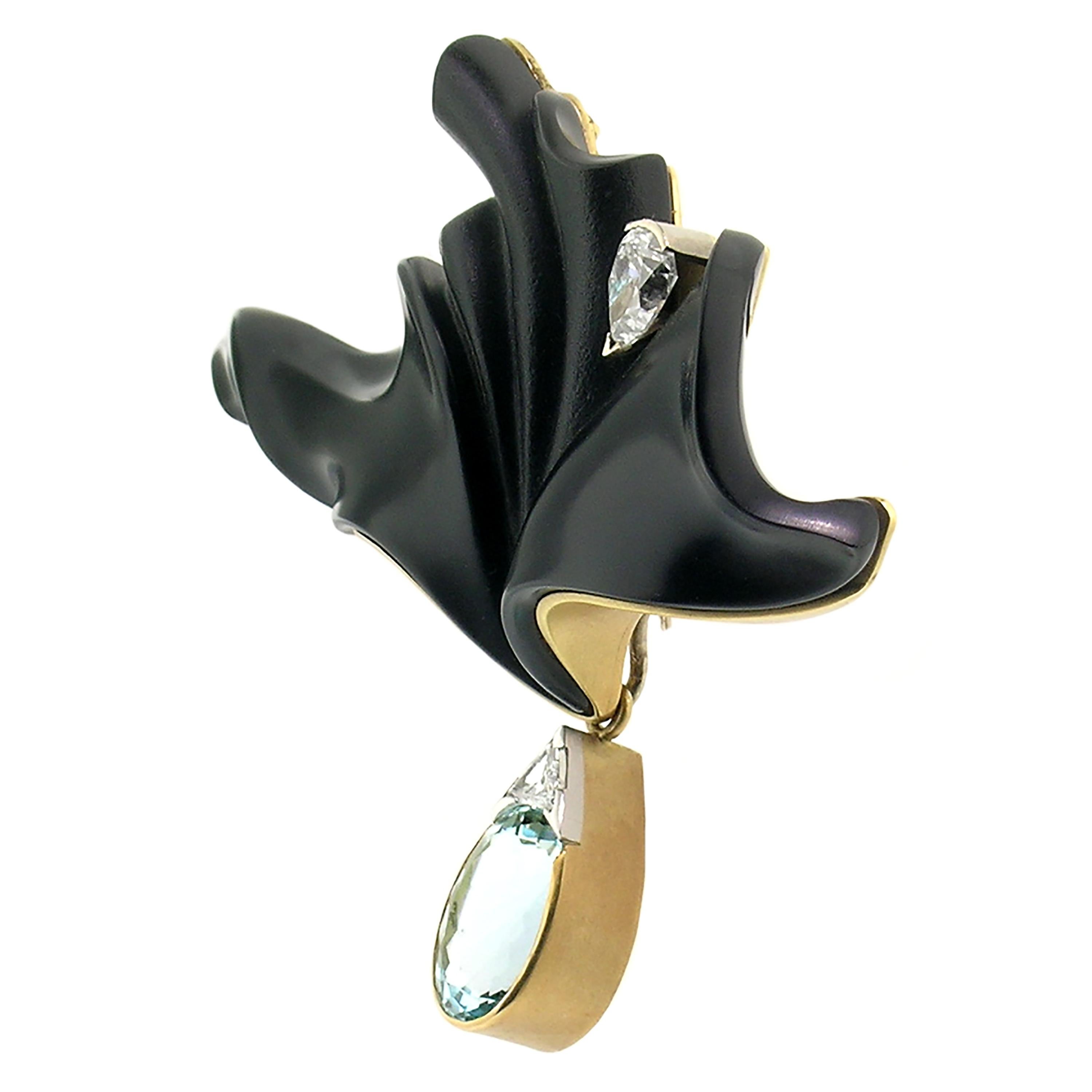 Contemporary Carved Black Chalcedony Sculpture & Aquamarine 18kt Pendant, Enhancer, & Brooch For Sale