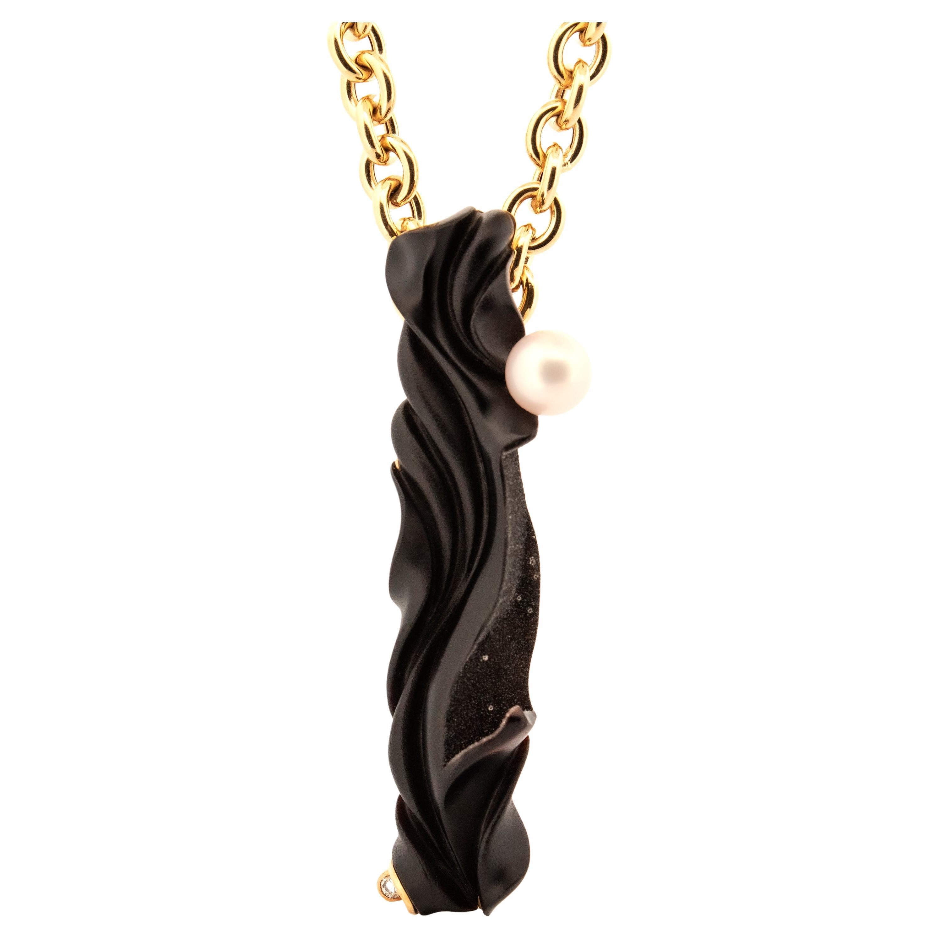 Carved Black Chalcedony Sculpture & Pearl 18kt Pendant, Enhancer, & Brooch For Sale