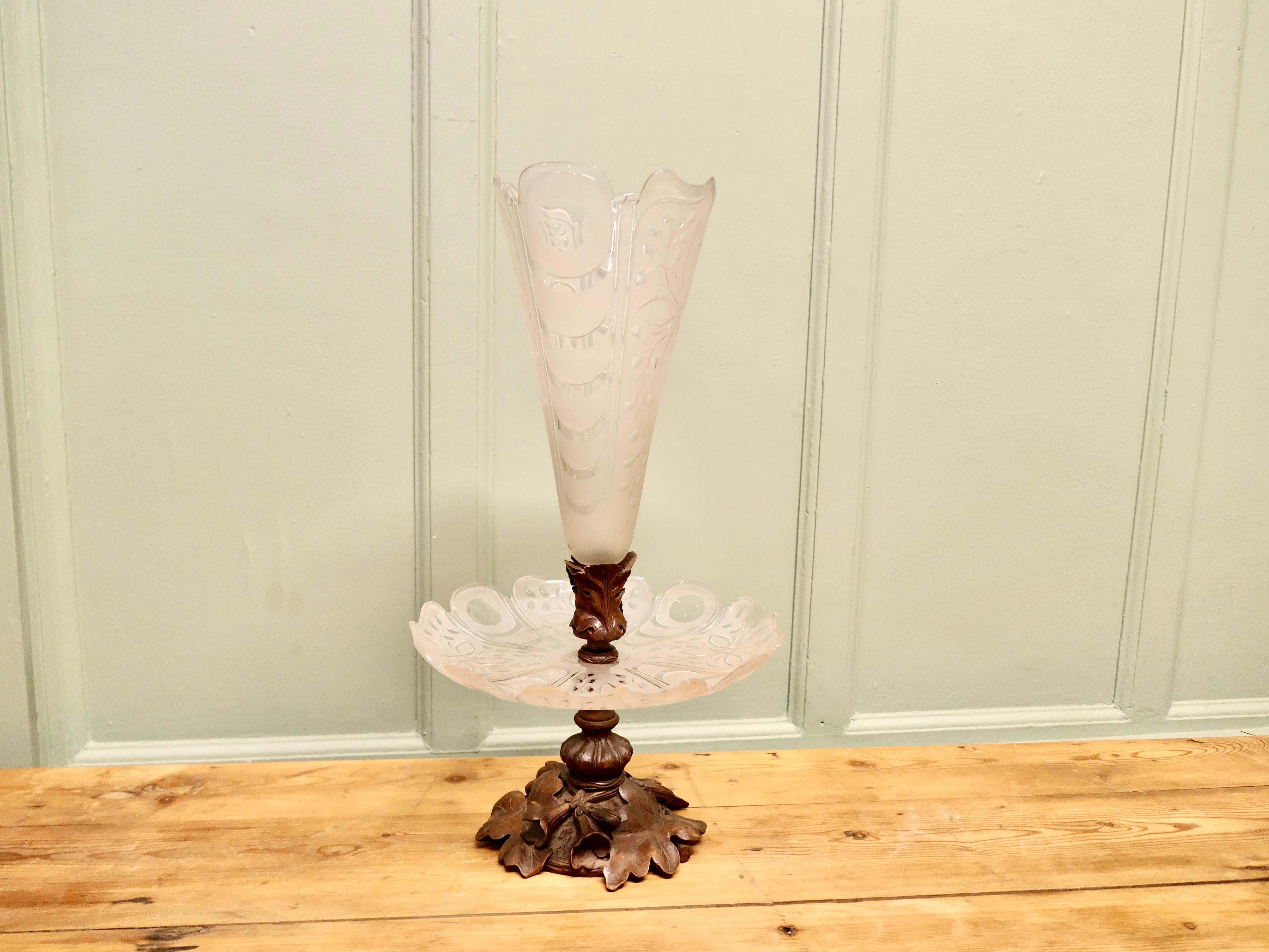 19th Century Carved Black Forest and Baccarat Crystal Epergne Centre Piece For Sale