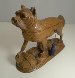 Carved Black Forest Jewelry Box, Dog, Original Silk Interior, 1876