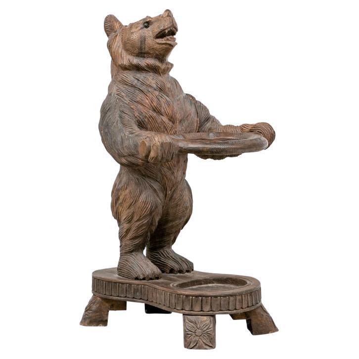 Carved Black Forest Style Cane Stand with Bear Figure