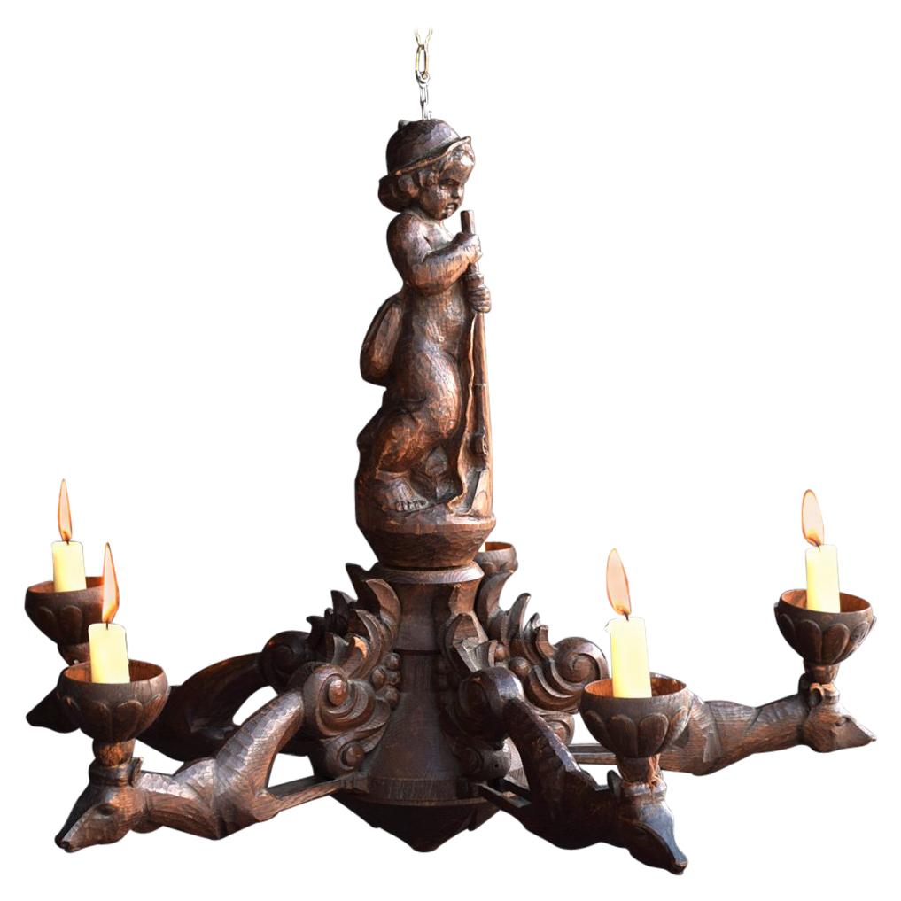 Carved Black Forest Wooden Folk Art German Chandelier, circa 1930
