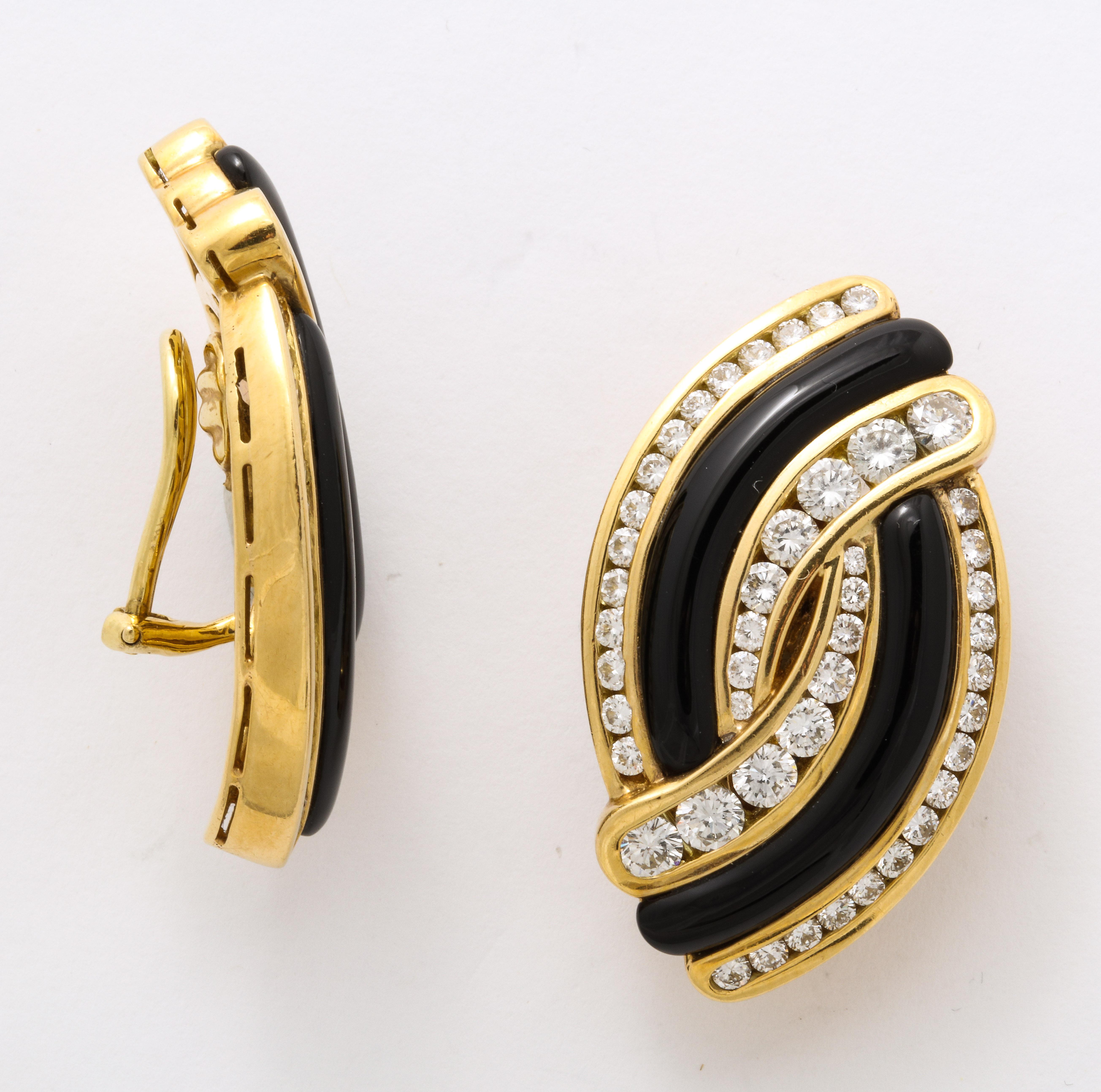 Round Cut Carved Black Jade and Diamond Gold Ear Clips For Sale