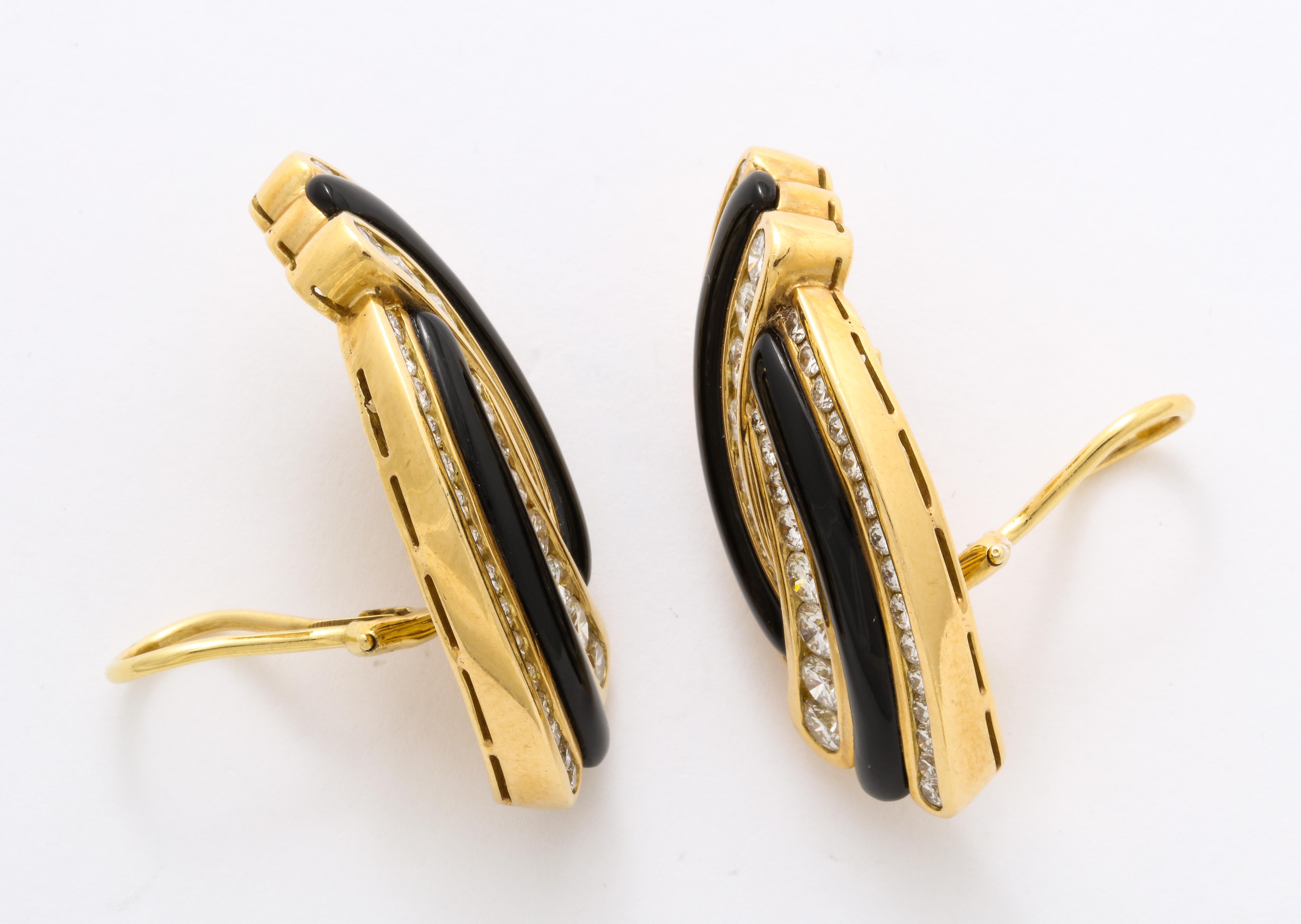 Carved Black Jade and Diamond Gold Ear Clips In Excellent Condition For Sale In New York, NY