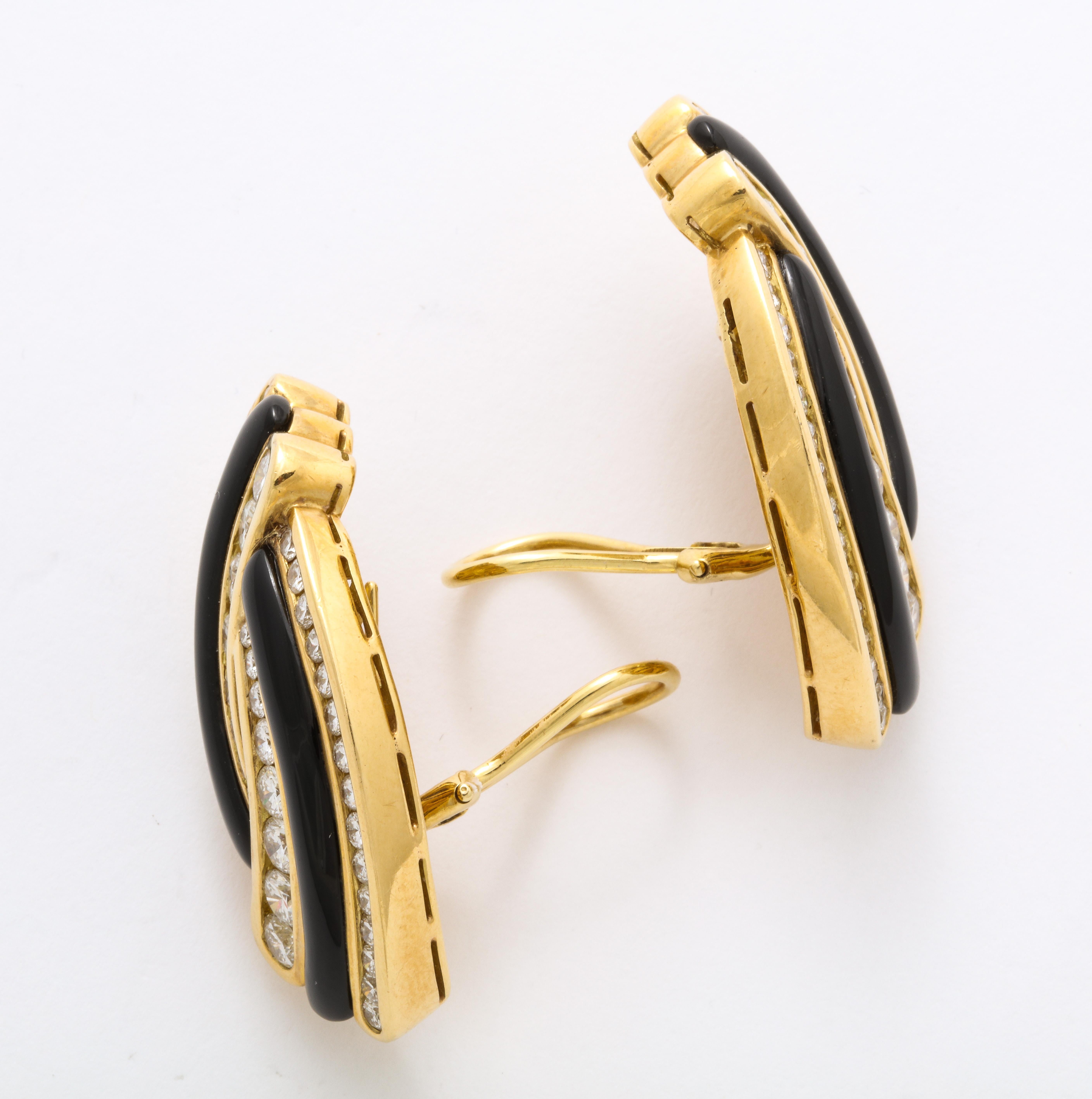Women's Carved Black Jade and Diamond Gold Ear Clips For Sale