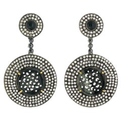 Boucles d'oreilles en Jade noir sculpté, double cercle et diamants pavés en or et argent 18k