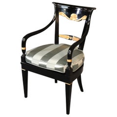 Retro Carved Black Lacquer and Gilded French Regency Arm Desk Chair, circa 1960