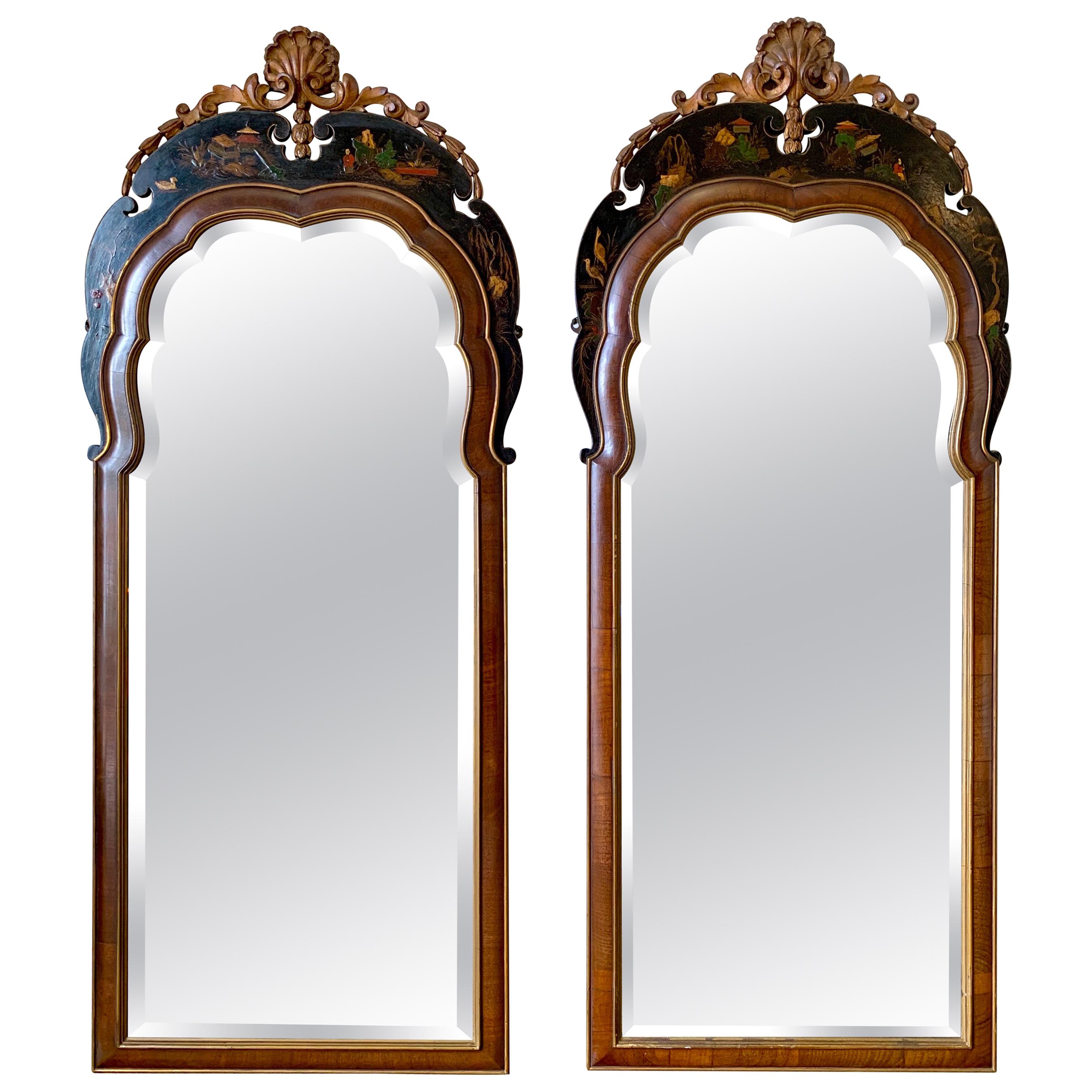 Carved Black Lacquer and Gold Chinoiserie Mirrors, Pair