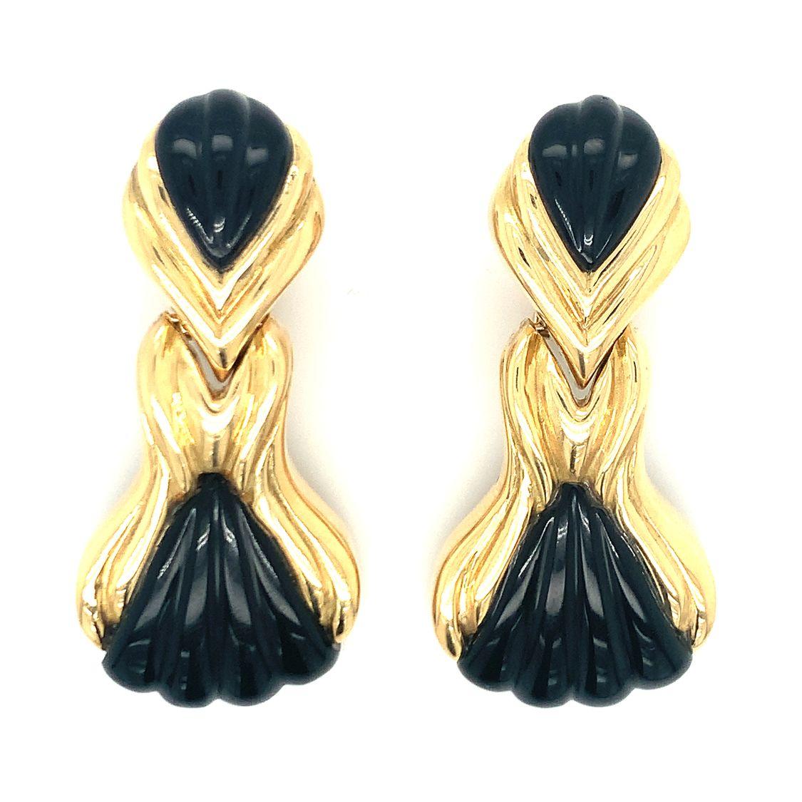 Round Cut Carved Black Onyx 18K Yellow Gold Earrings by Wander For Sale