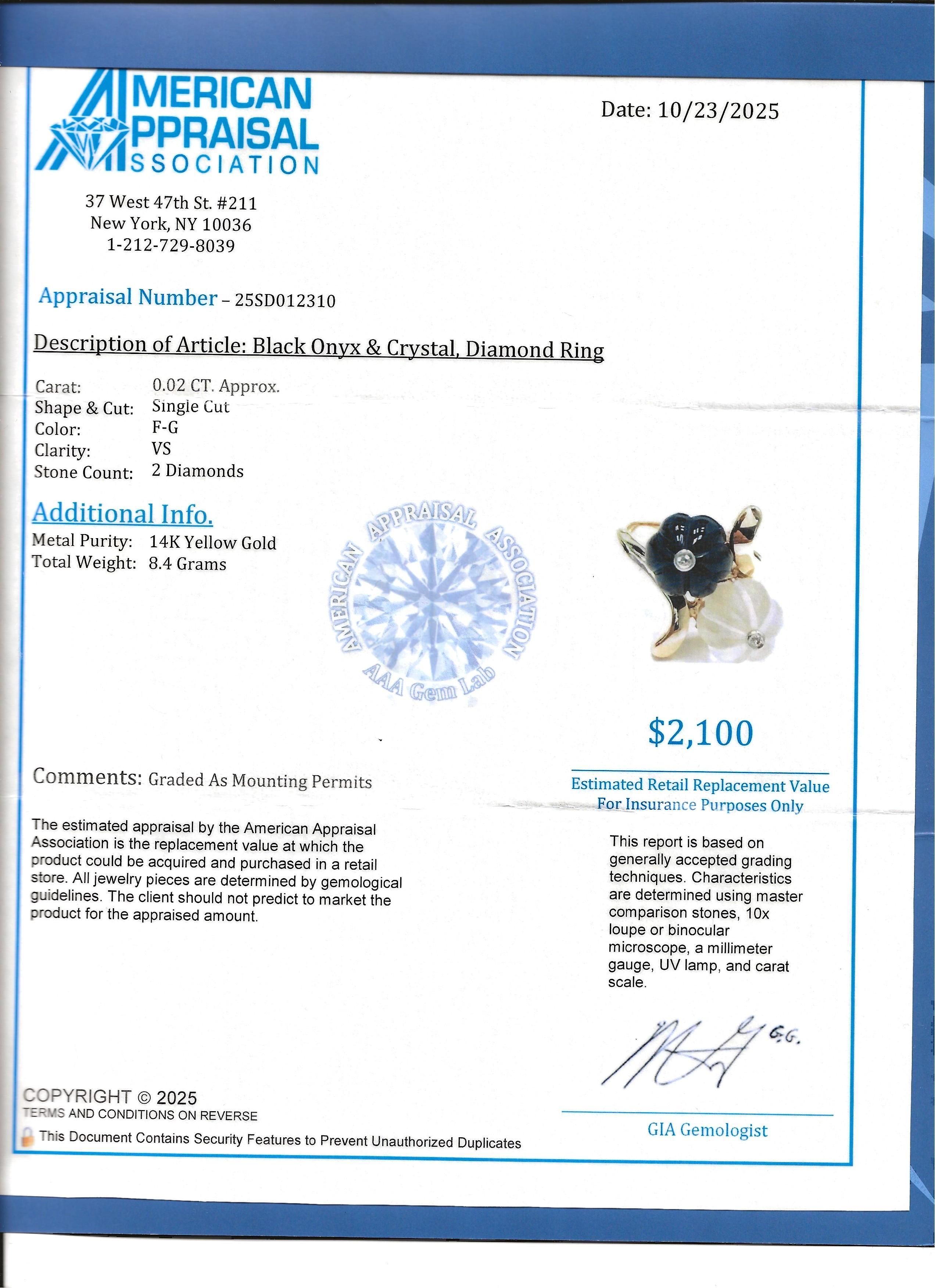 Anello Fiore Bypass in onice nera e cristallo intagliato con diamanti in oro giallo 14K in vendita 5