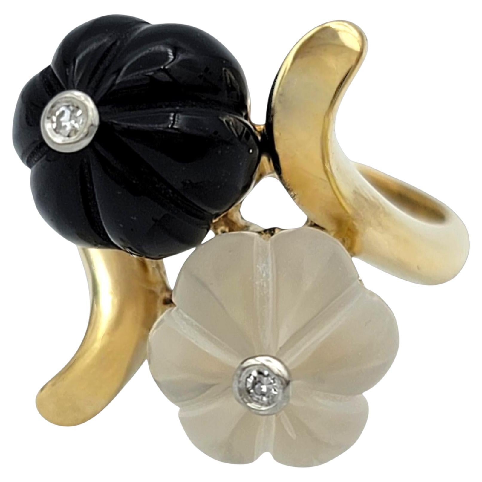 Carved Black Onyx 
Crystal Bypass Flower Ring with Diamonds in 14K Yellow Gold