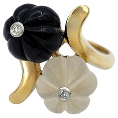 Carved Black Onyx 
Crystal Bypass Flower Ring with Diamonds in 14K Yellow Gold