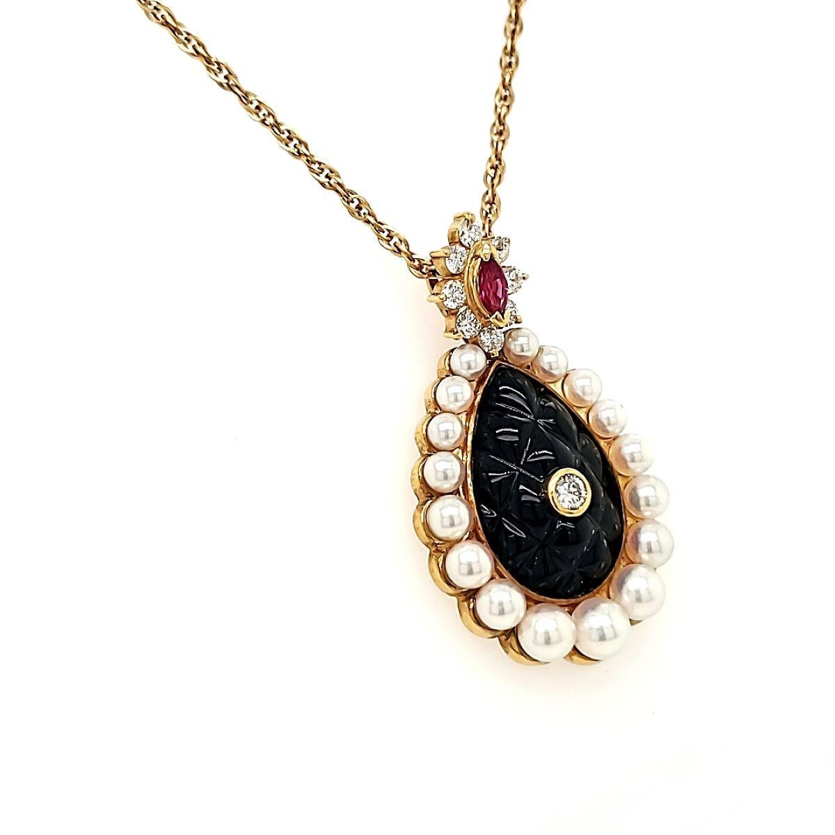 Round Cut Carved Black Onyx Diamond Ruby Pendant Necklace With Pearls and 18k Yellow Gold  For Sale