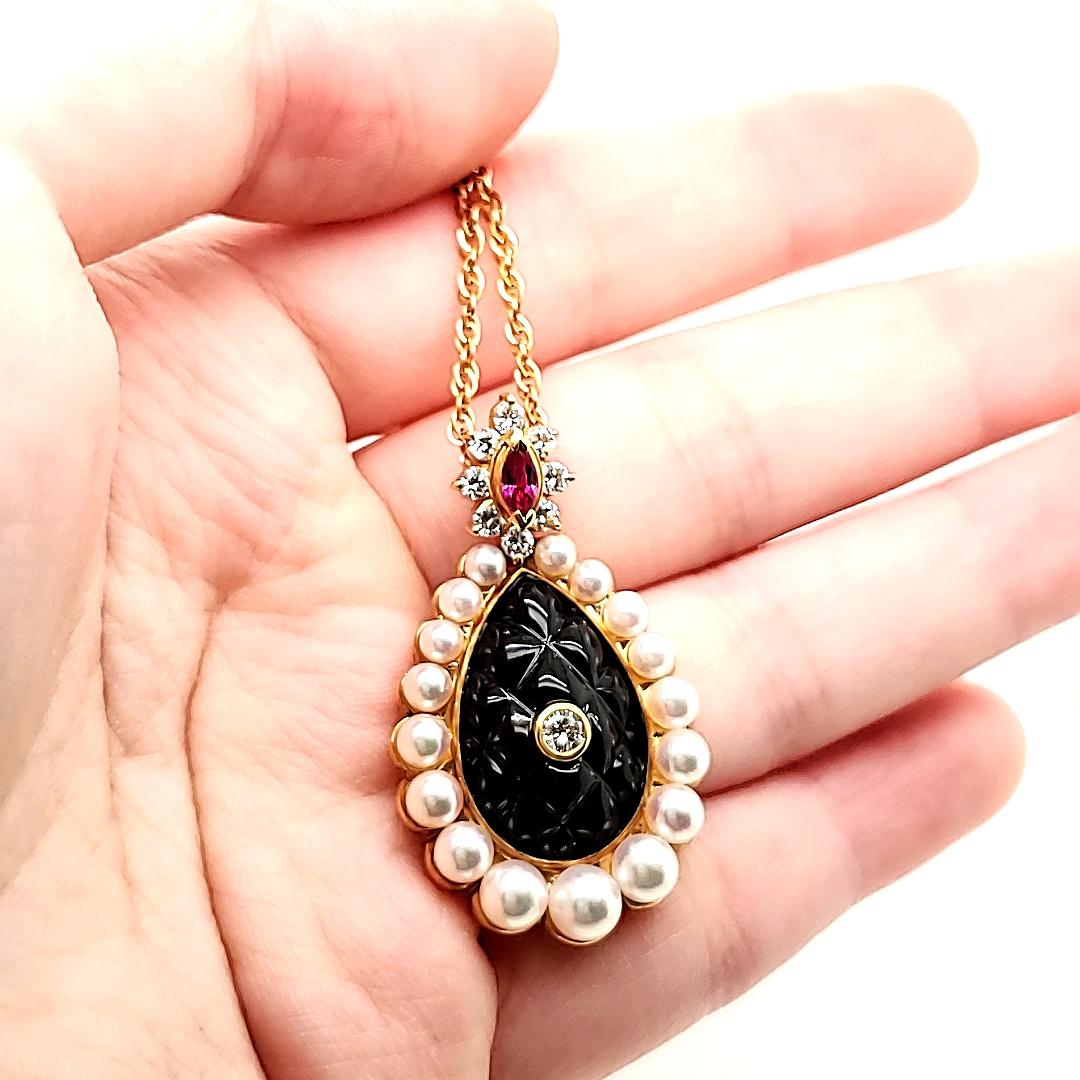 Women's Carved Black Onyx Diamond Ruby Pendant Necklace With Pearls and 18k Yellow Gold  For Sale