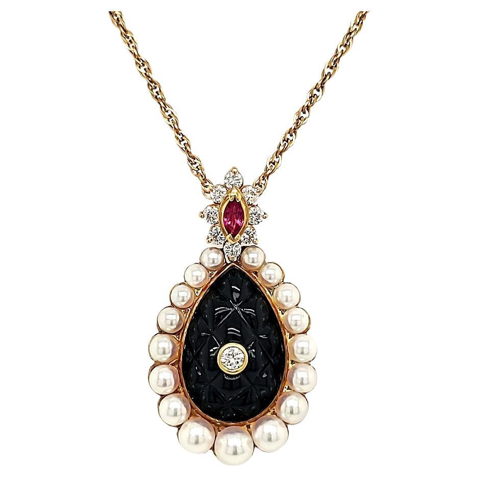 Carved Black Onyx Diamond Ruby Pendant Necklace With Pearls and 18k Yellow Gold  For Sale