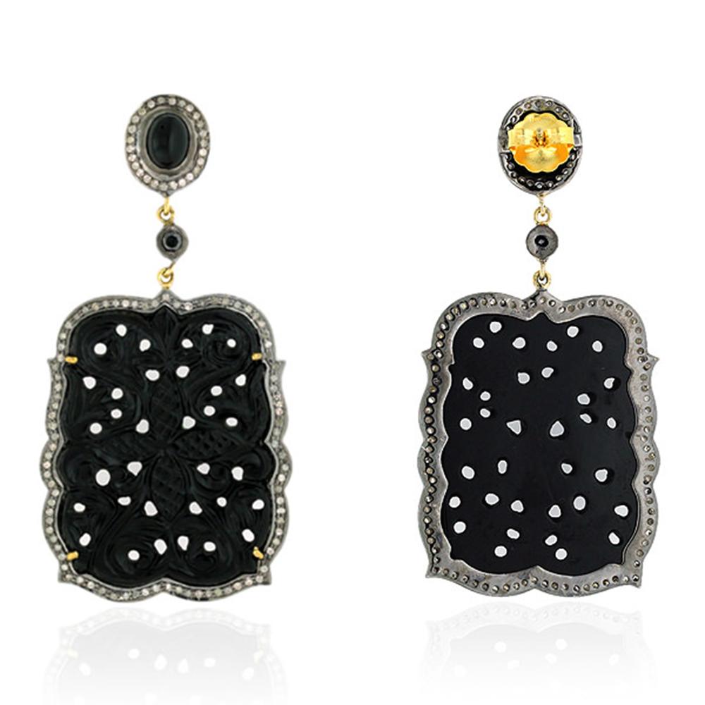 Art Nouveau Carved Black Onyx Earrings with Diamonds Made in 18k Gold & Silver For Sale