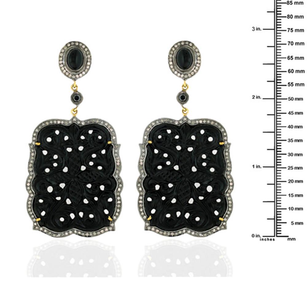 Mixed Cut Carved Black Onyx Earrings with Diamonds Made in 18k Gold & Silver For Sale