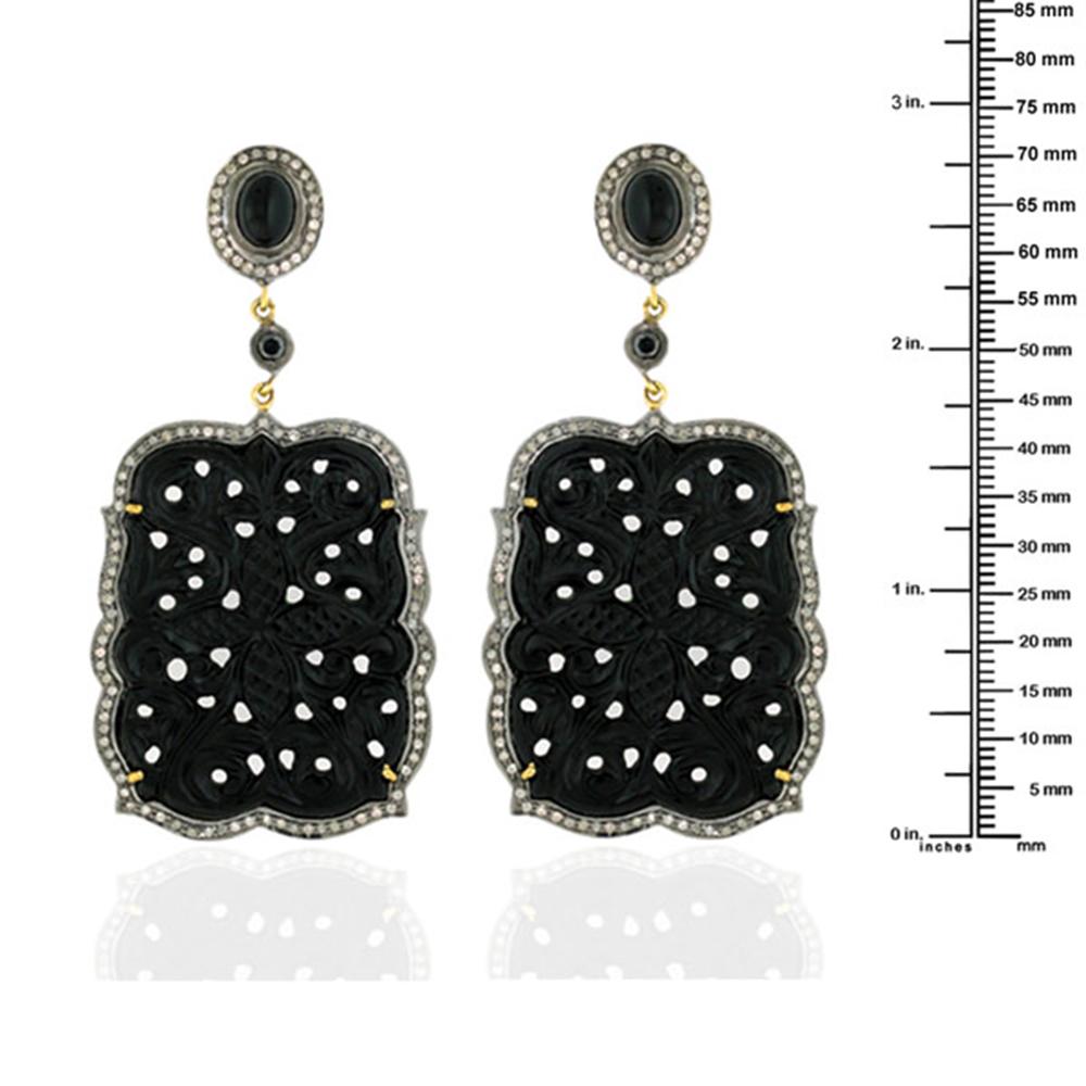 Boucles d'oreilles en or 18 carats et argent avec onyx noir sculpté et diamants Neuf - En vente à New York, NY
