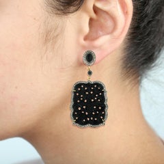 Carved Black Onyx Earrings with Diamonds Made in 18k Gold & Silver