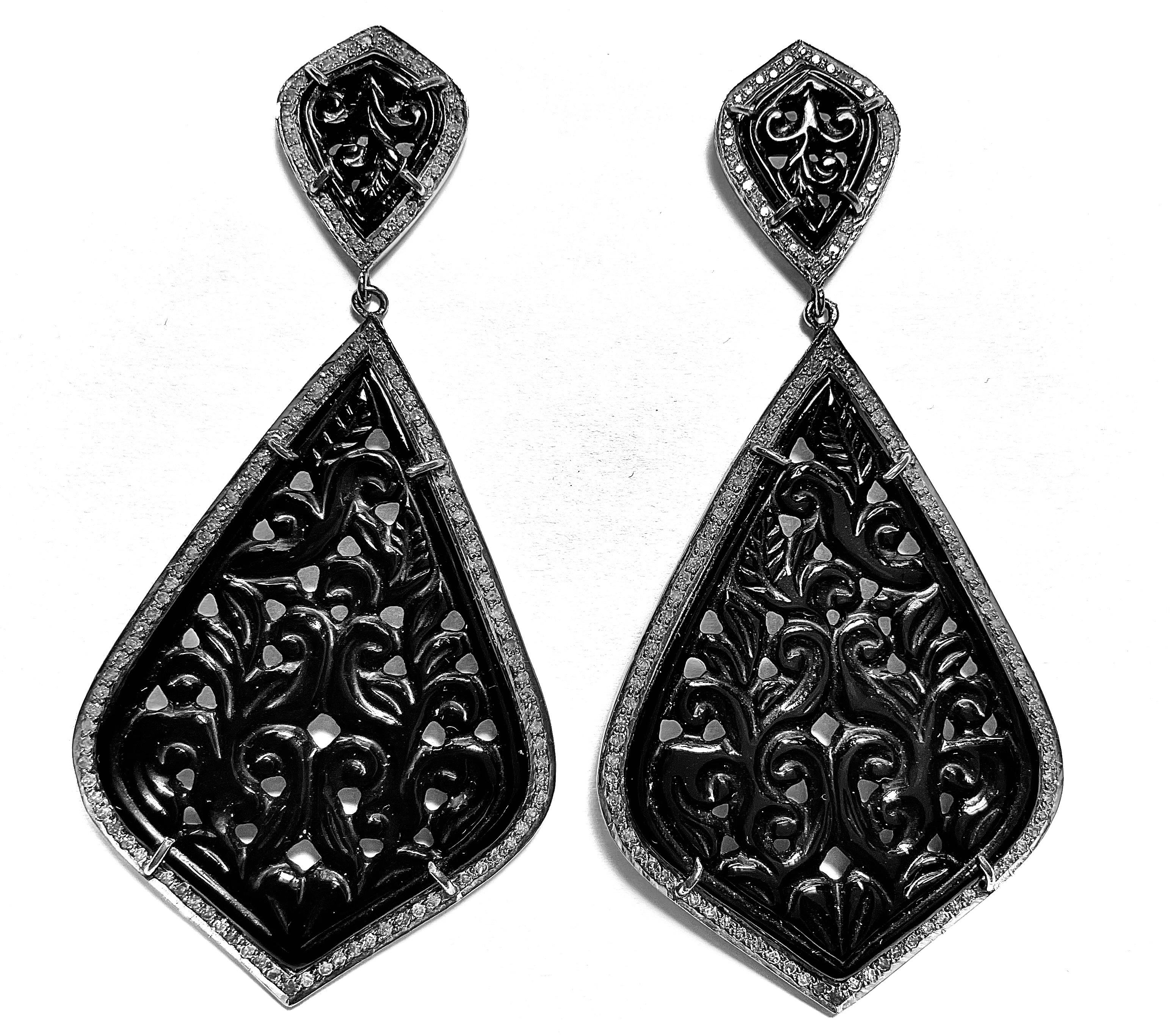 Contemporary Carved Black Onyx with Pave Diamonds Earrings For Sale