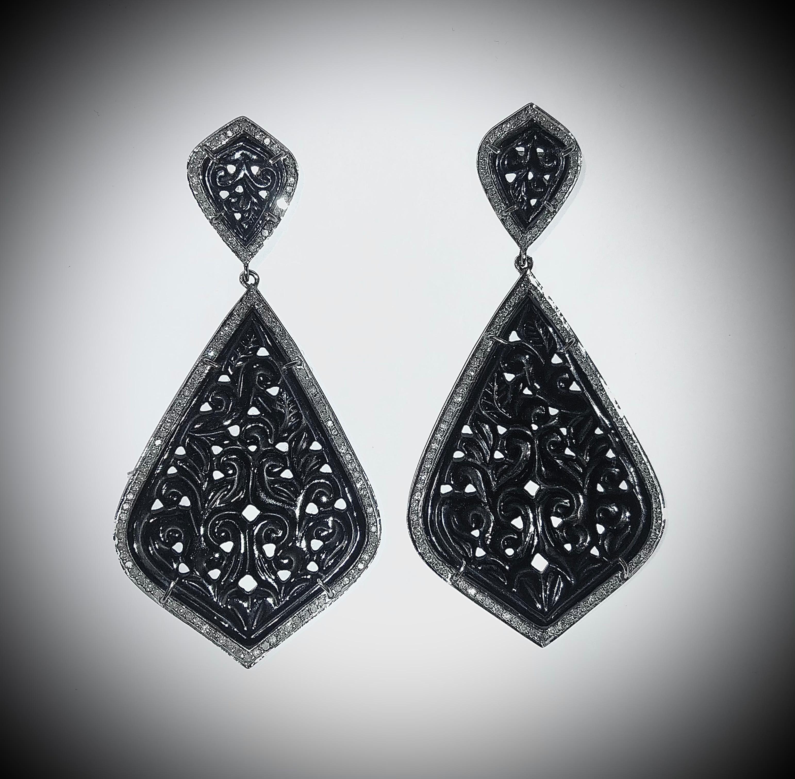 Bead Carved Black Onyx with Pave Diamonds Earrings For Sale