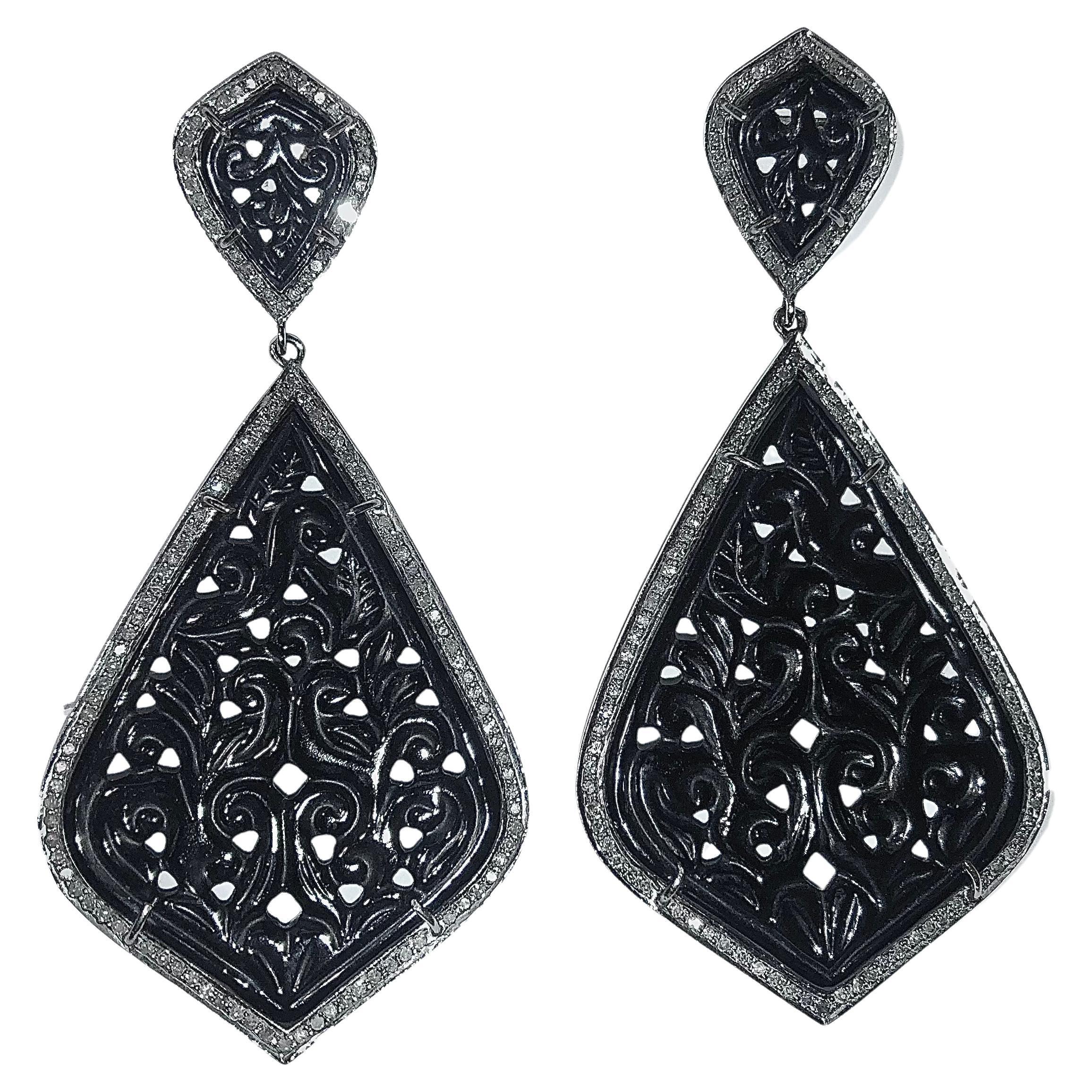 Carved Black Onyx with Pave Diamonds Earrings For Sale
