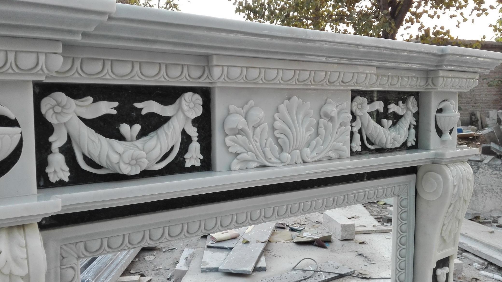 Carved Black and White Marble Fireplace Surround For Sale 1