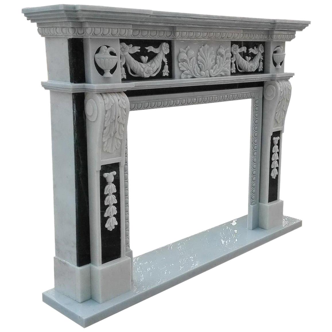 Carved Black and White Marble Fireplace Surround For Sale