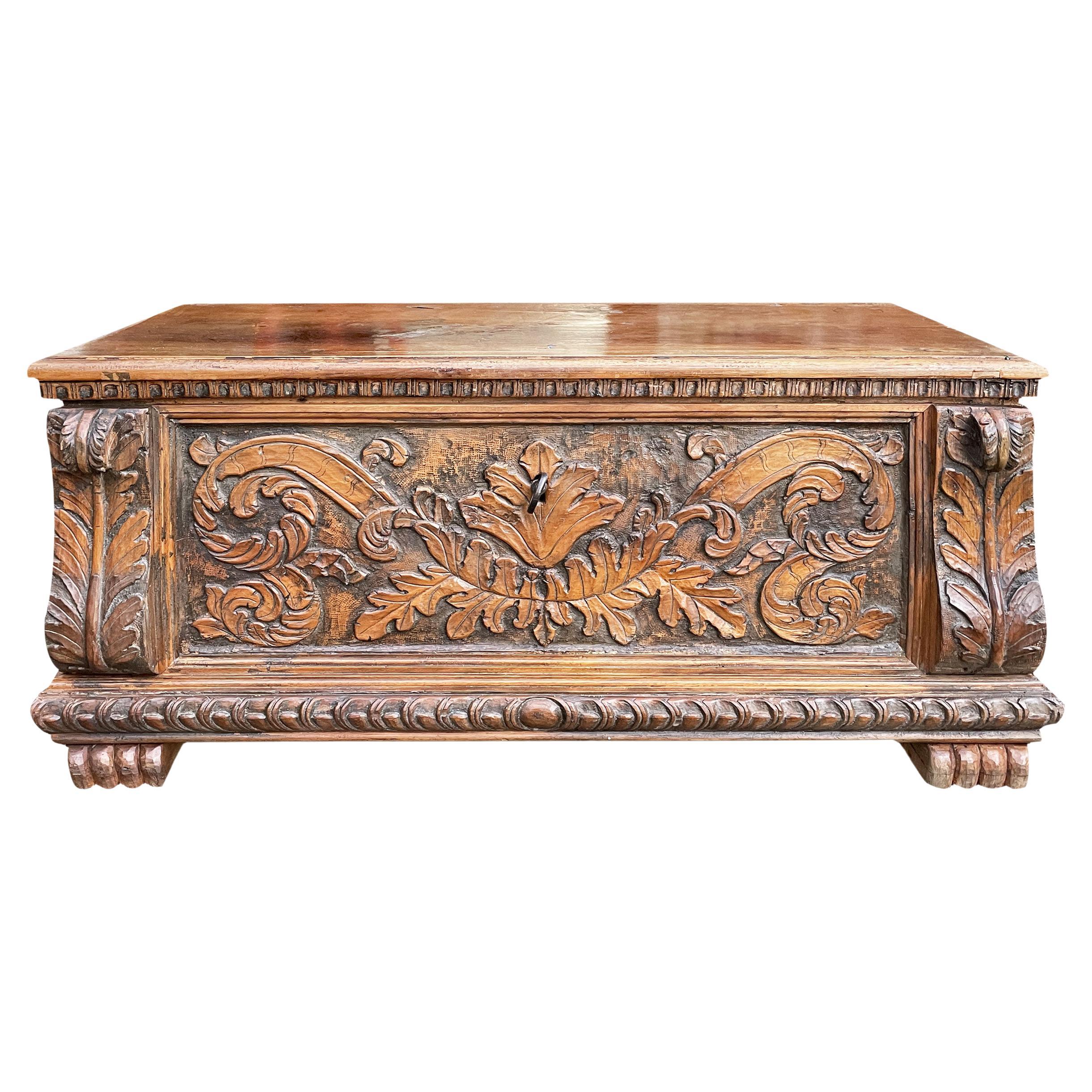 Artisan Hand Carved Blanket Chest in Solid Wood with Relief Detail 1920s at 1stDibs