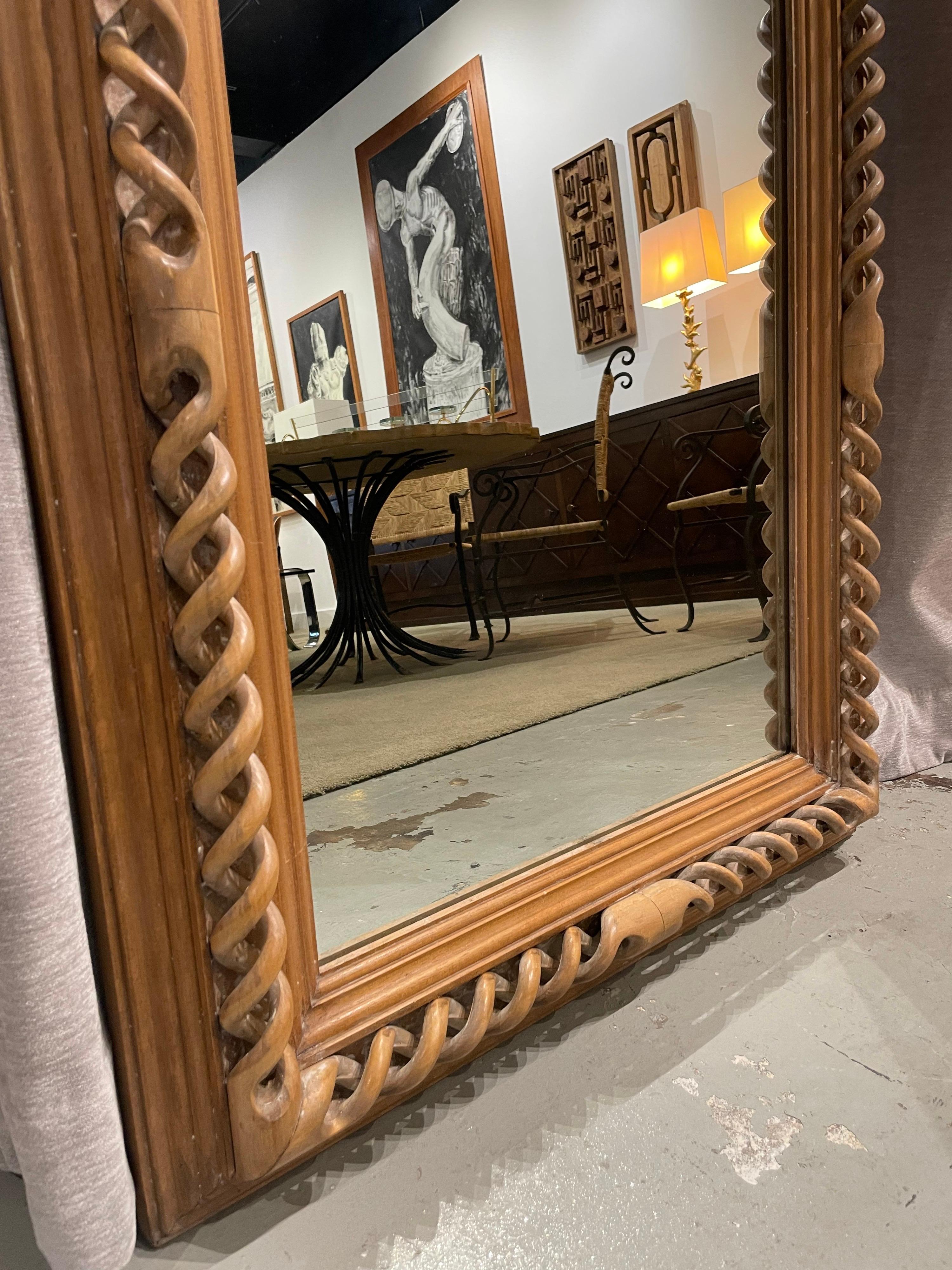 Carved Blonde Wood Wall Mirror In Good Condition For Sale In East Hampton, NY