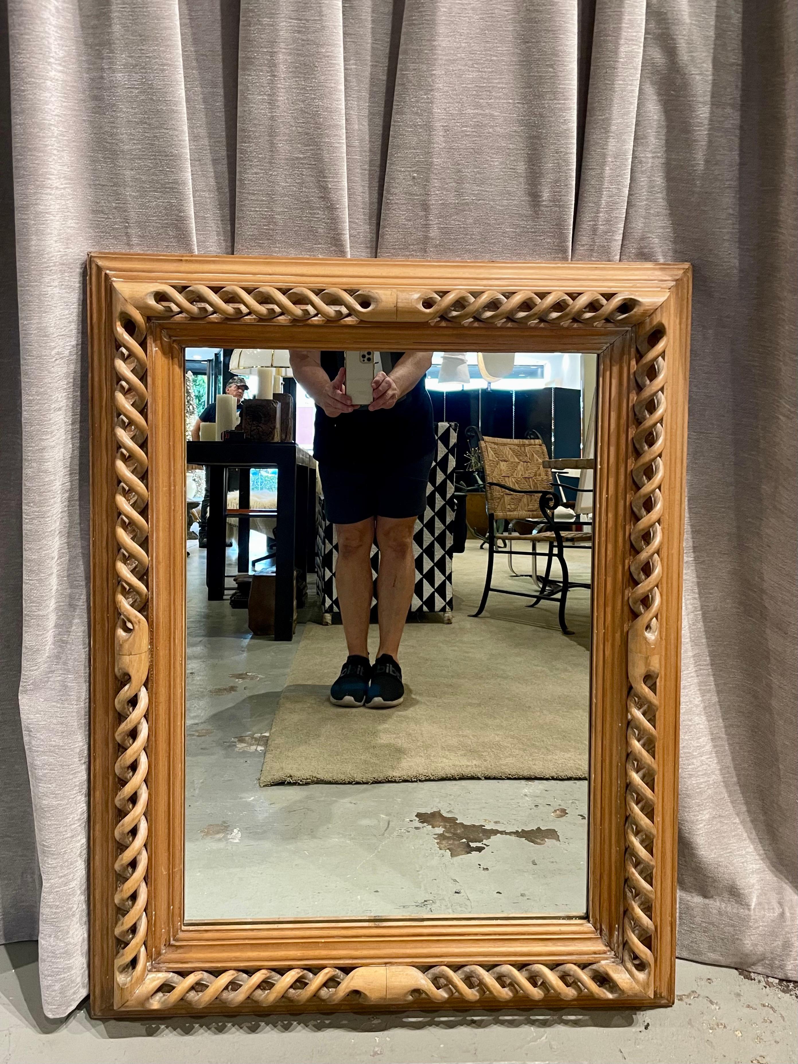 Mid-20th Century Carved Blonde Wood Wall Mirror For Sale