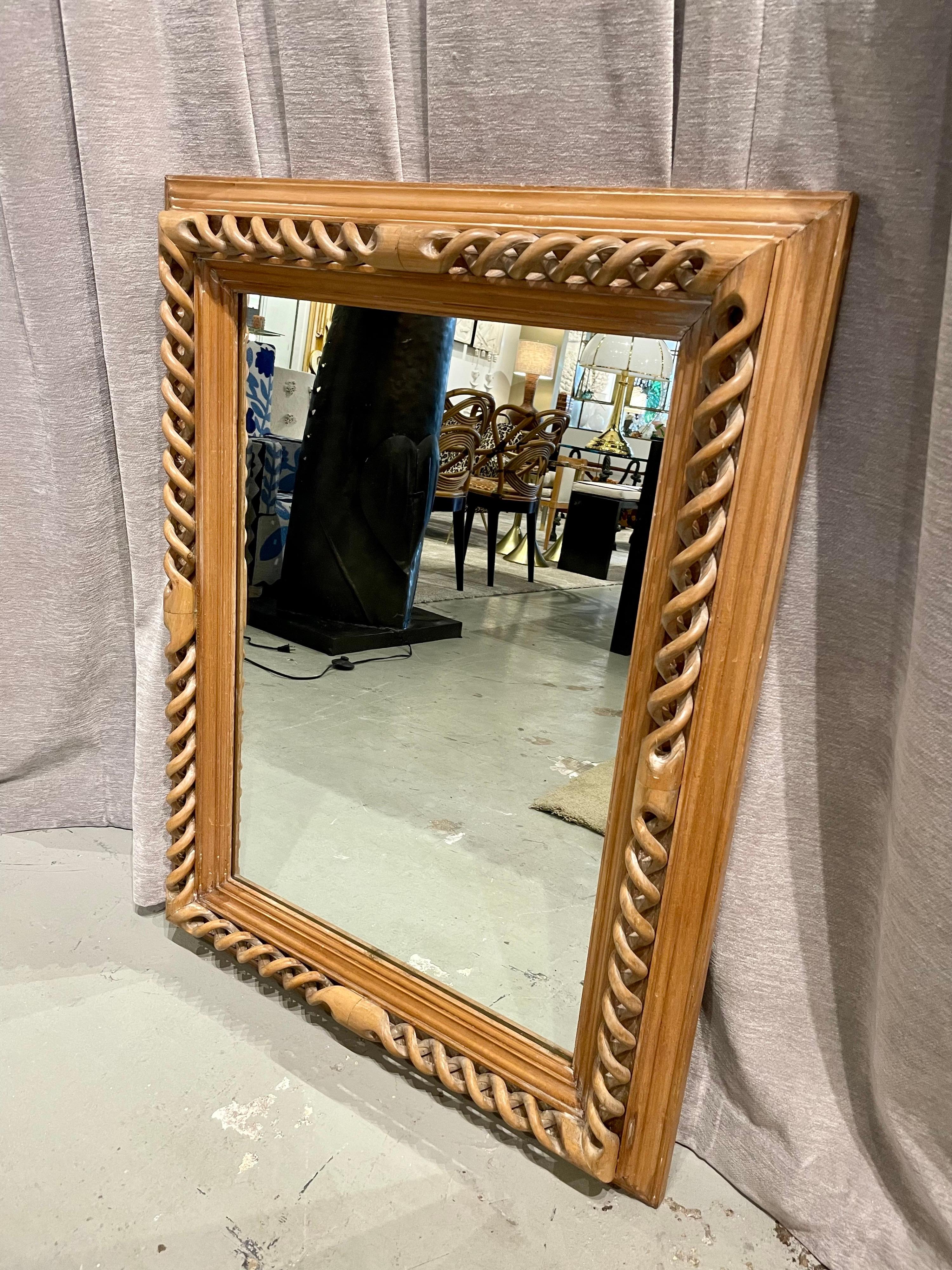 Carved Blonde Wood Wall Mirror For Sale 1